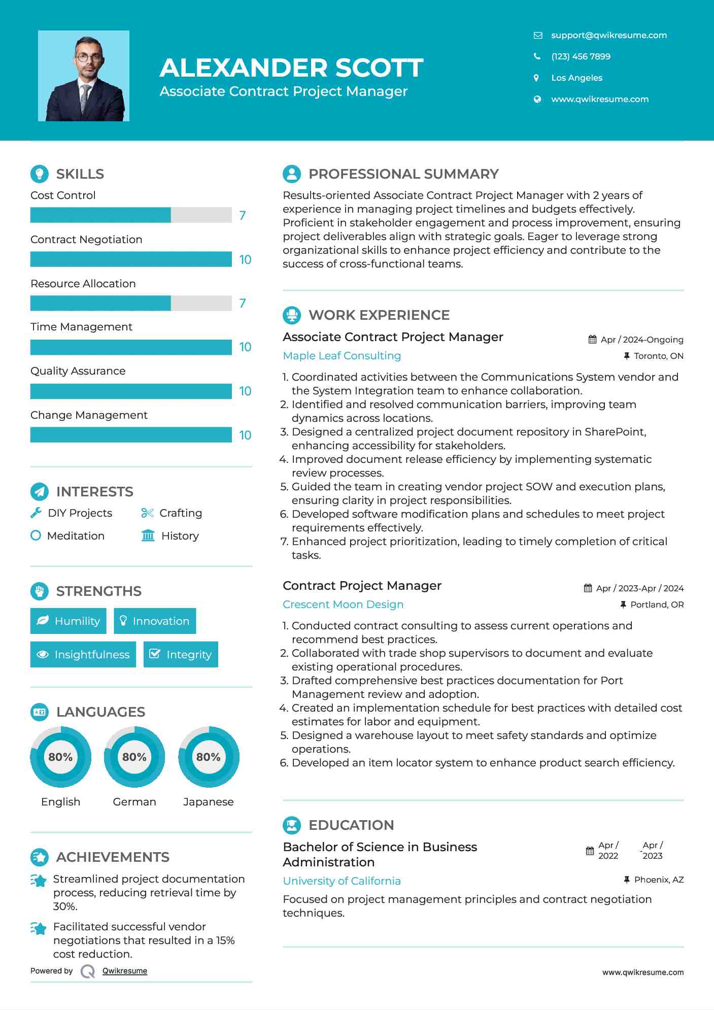 Associate Contract Project Manager Resume Format
