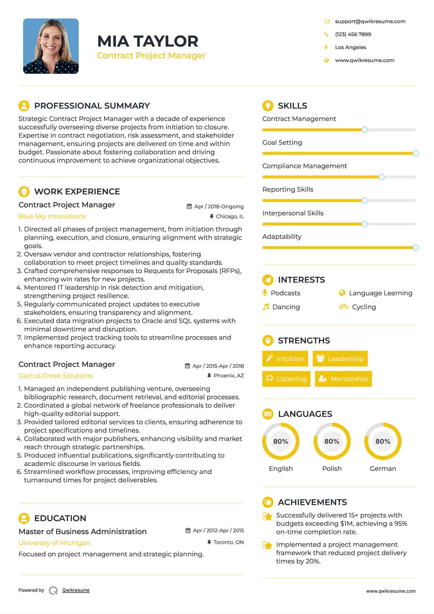 Contract Project Manager Resume Model