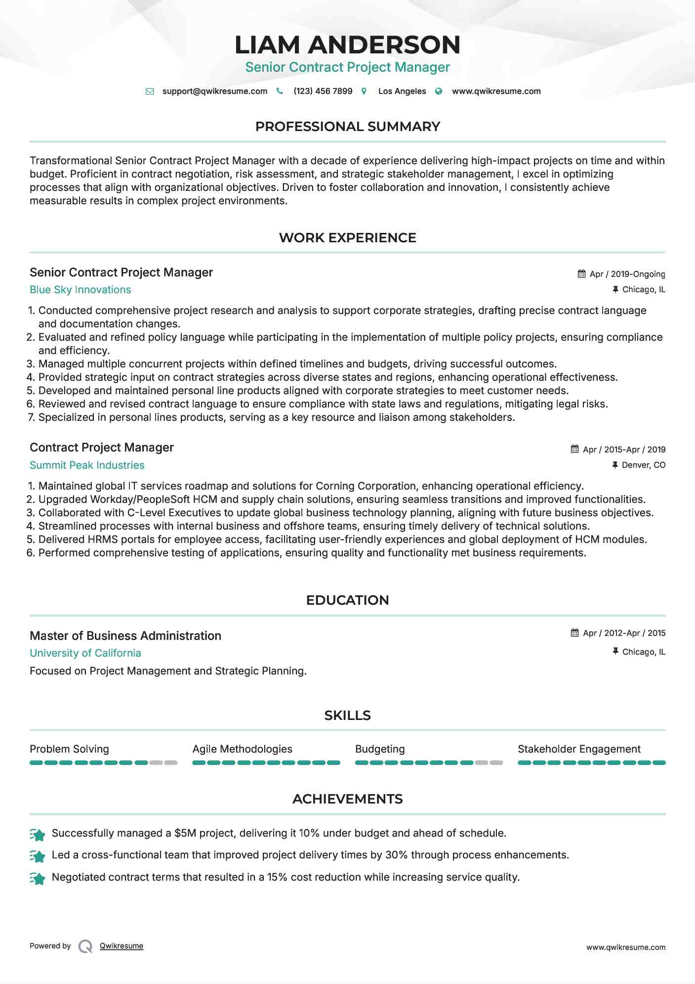 Senior Contract Project Manager Resume Model