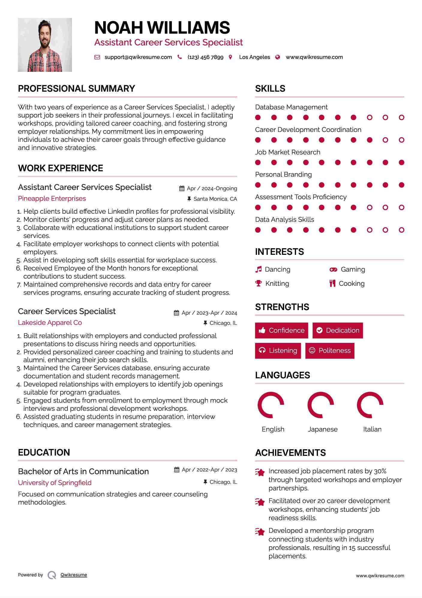 Assistant Career Services Specialist Resume Format