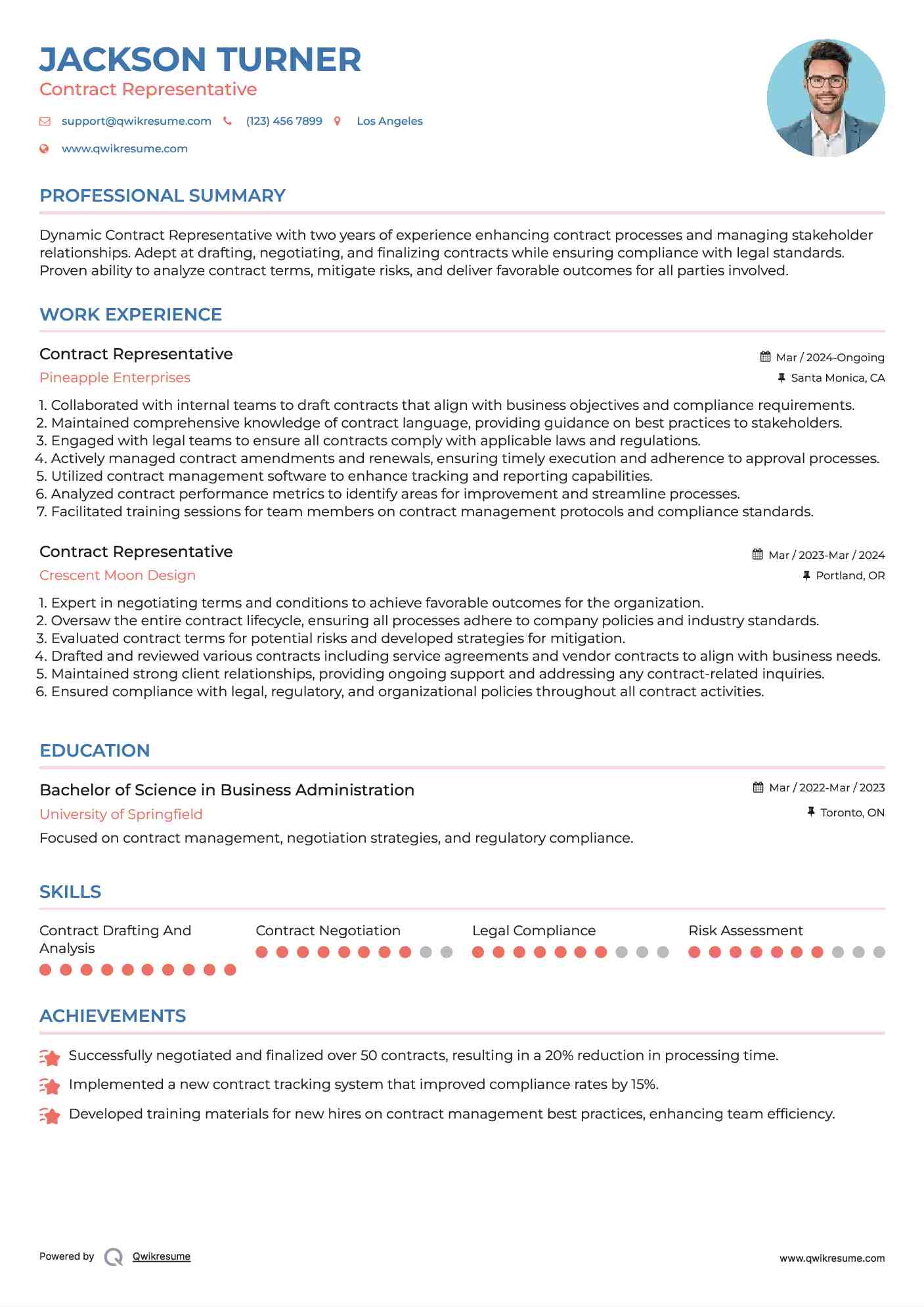 Contract Representative Resume Model