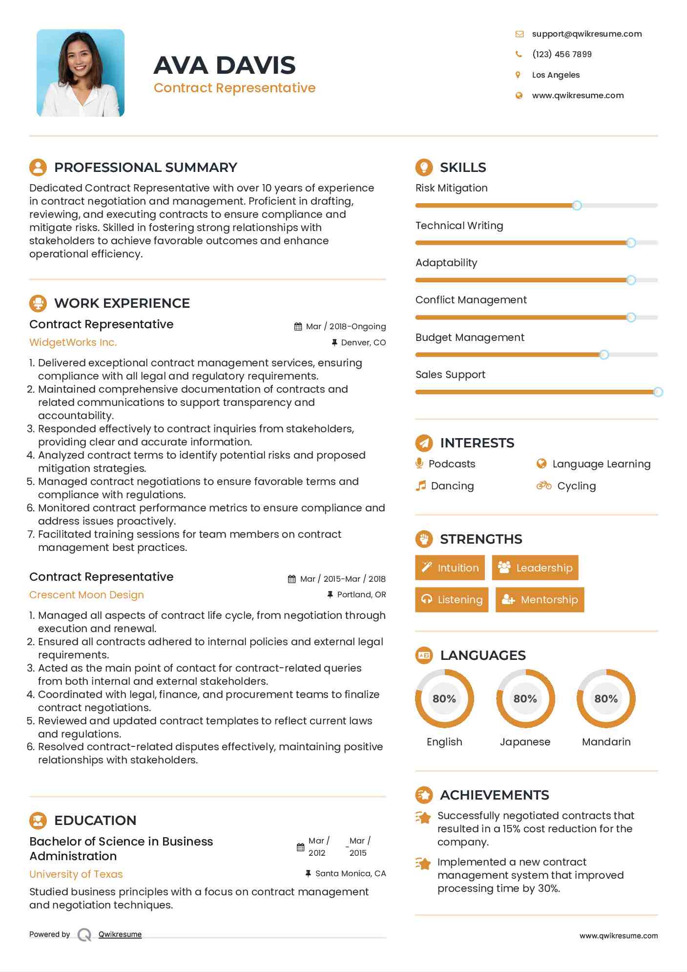 Contract Representative Resume Template