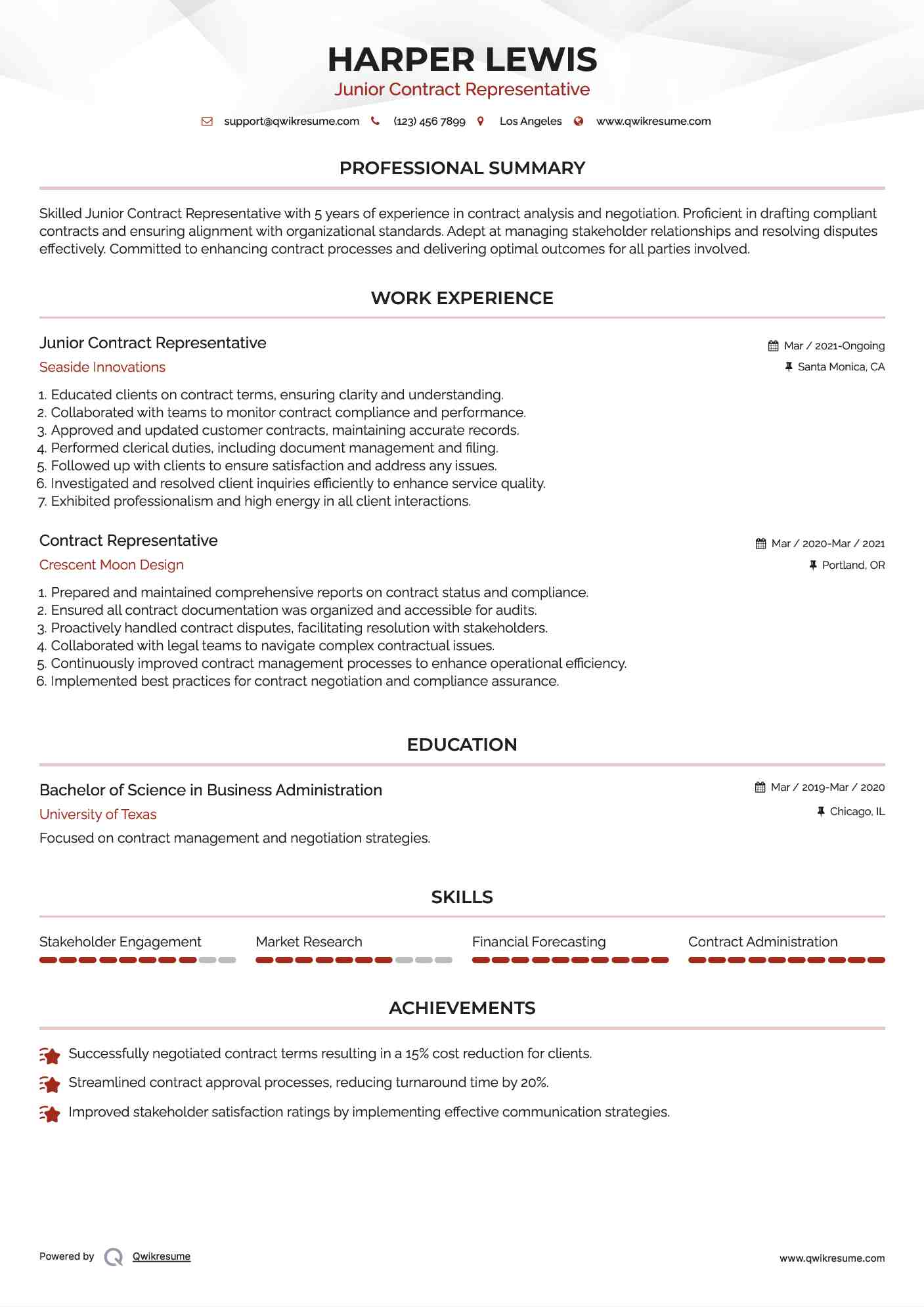 Junior Contract Representative Resume Sample