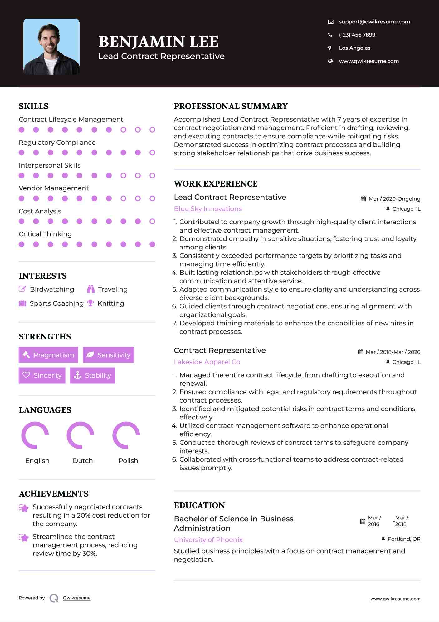 Lead Contract Representative Resume Template