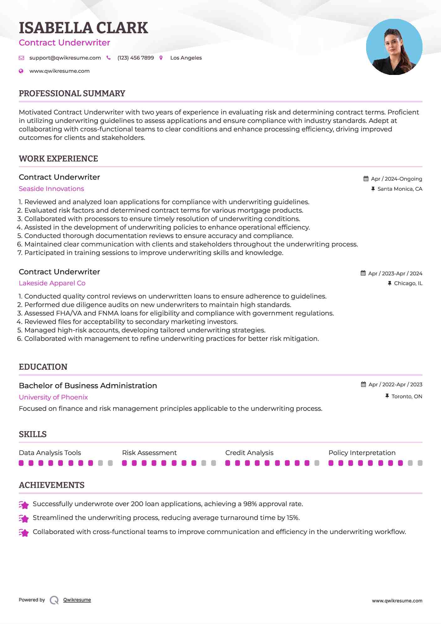 Contract Underwriter Resume Model