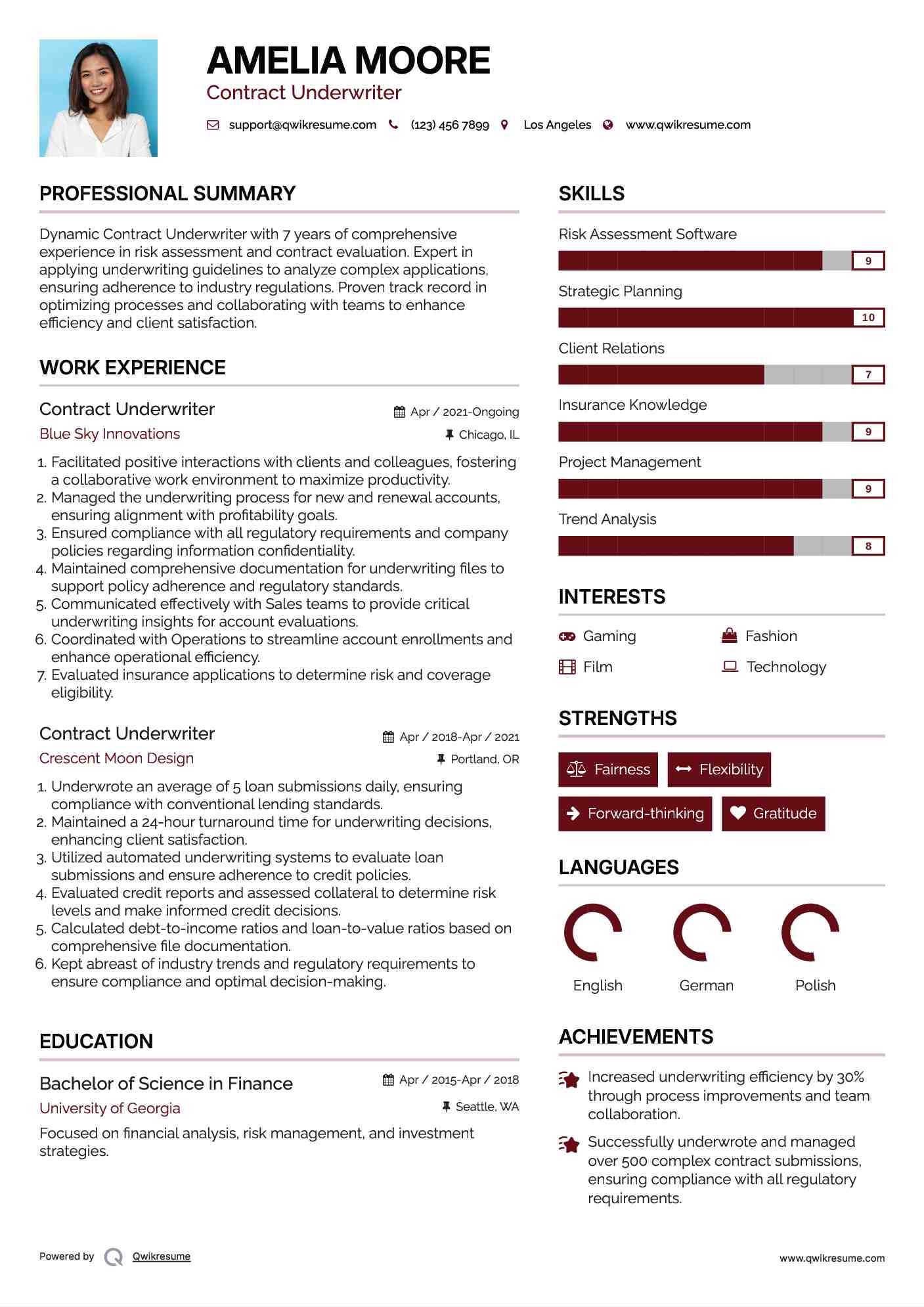 Contract Underwriter Resume Sample