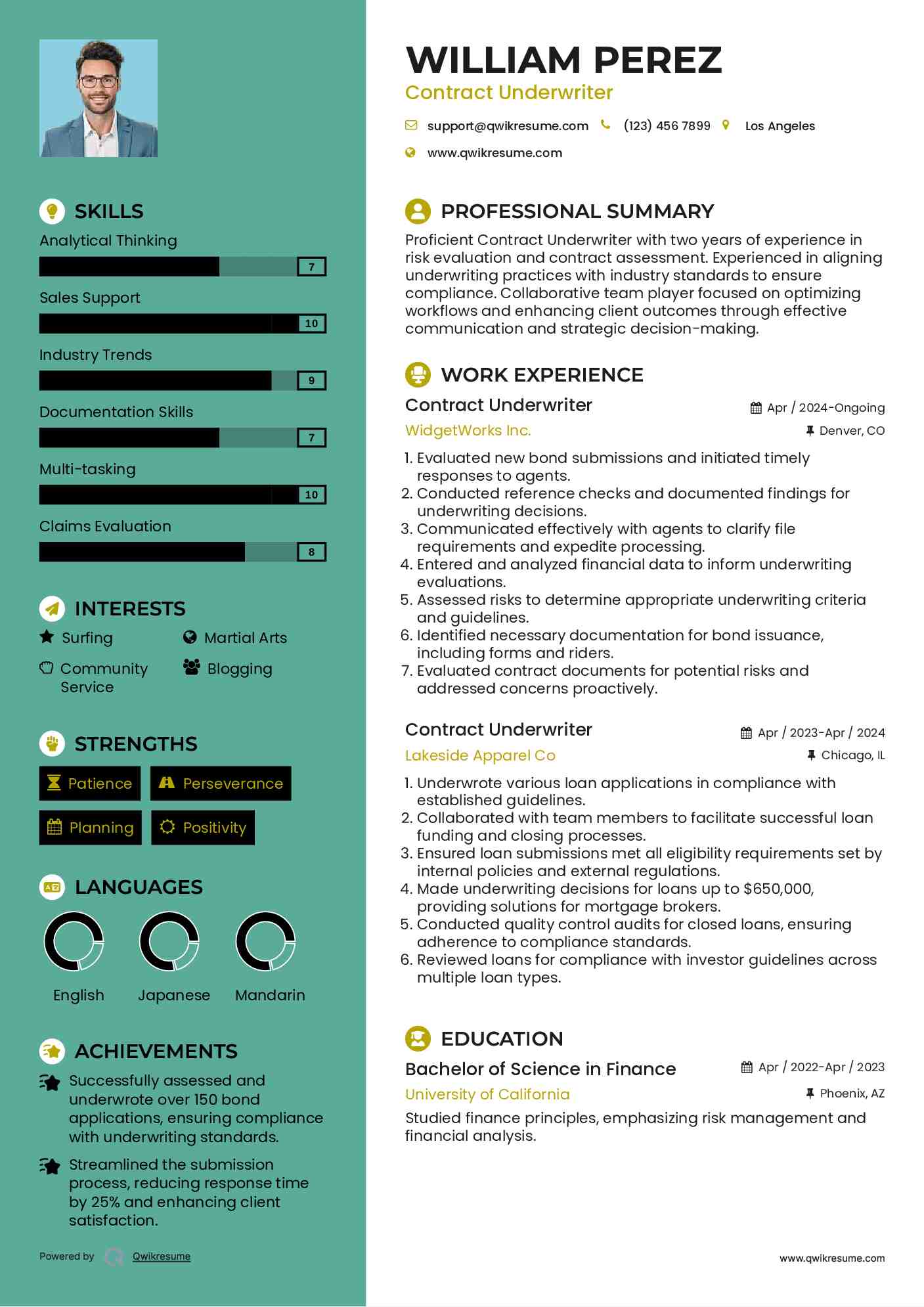 Contract Underwriter Resume Format