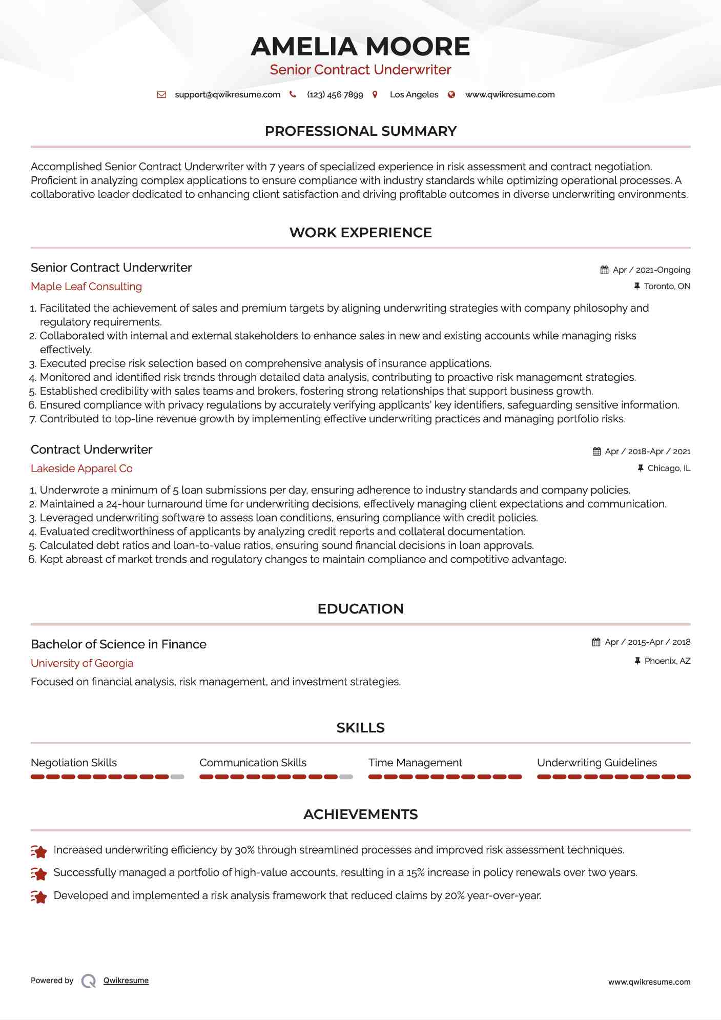 Senior Contract Underwriter Resume Sample