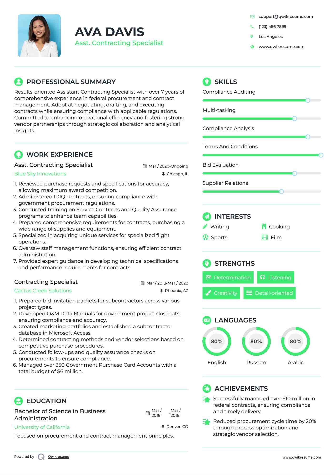 Asst. Contracting Specialist Resume Sample