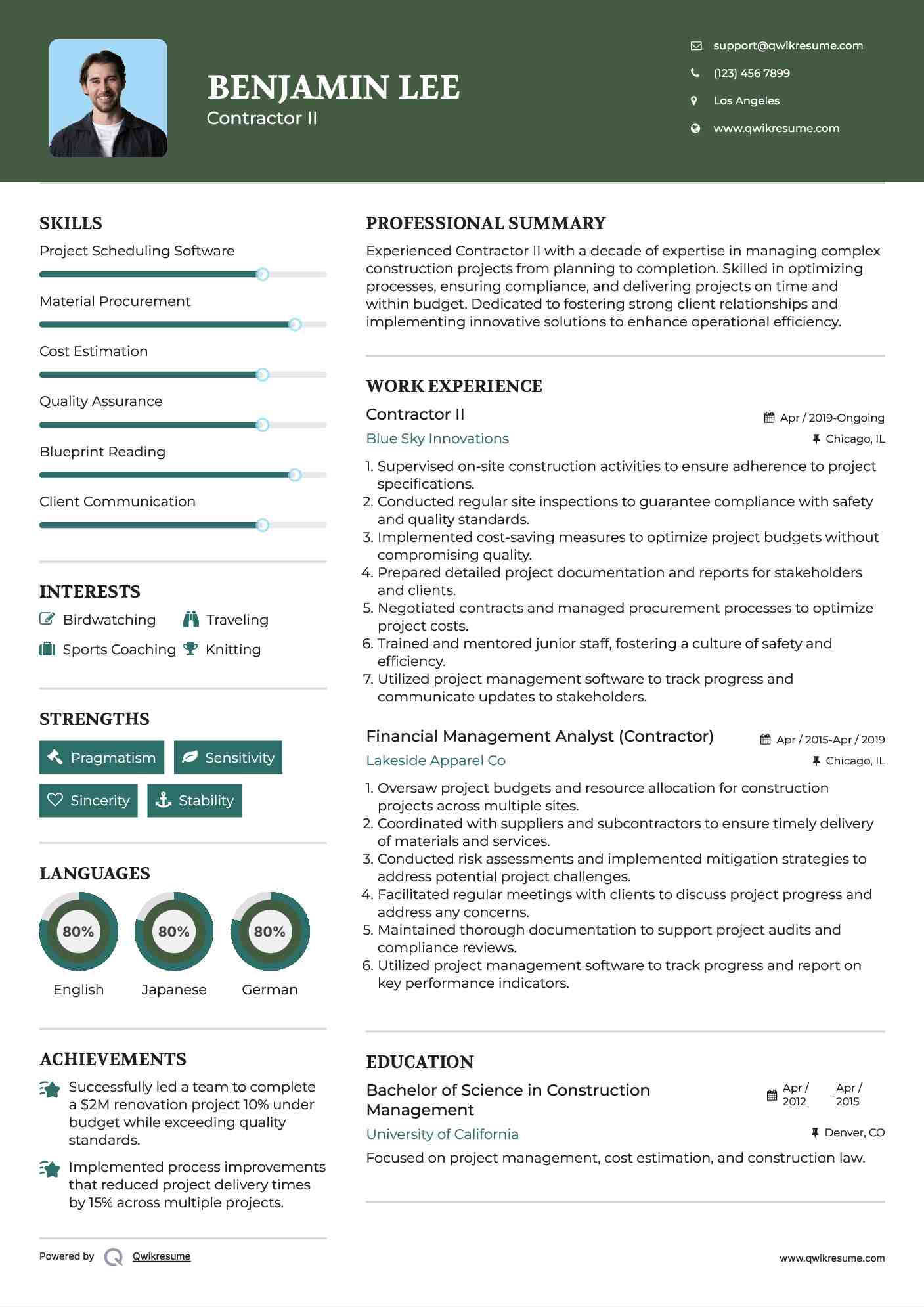 Contractor II Resume Sample