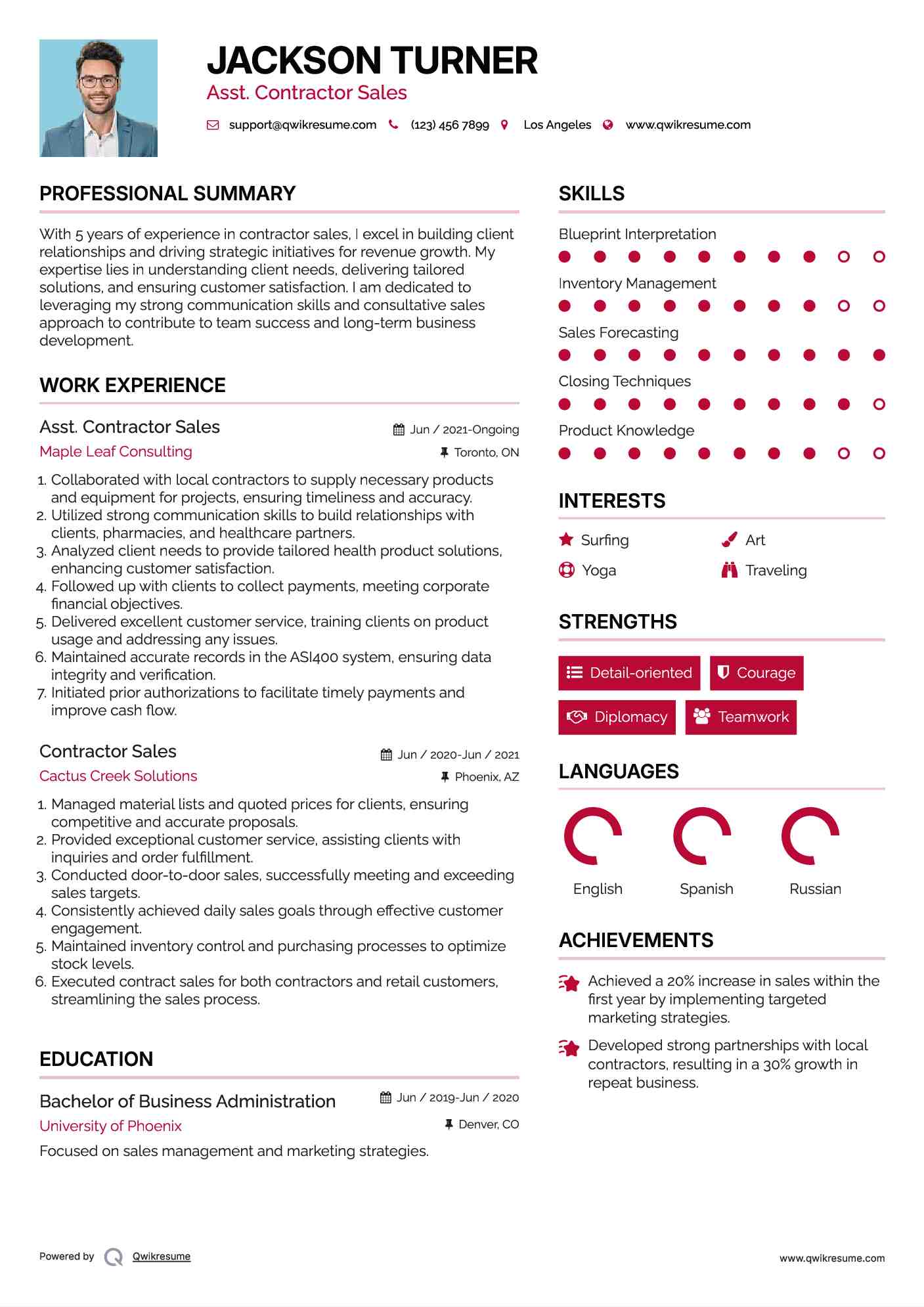 Asst. Contractor Sales Resume Example