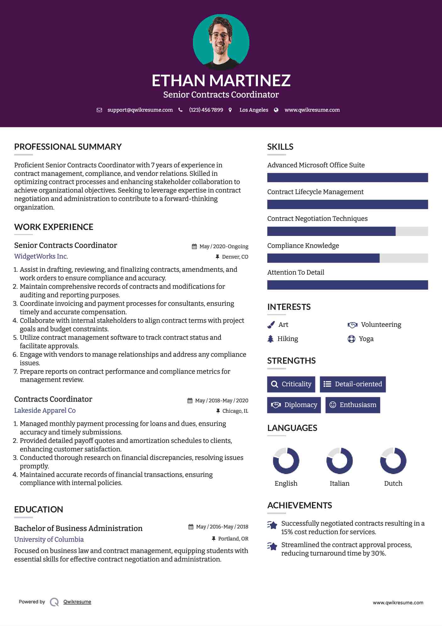 Senior Contracts Coordinator Resume Sample