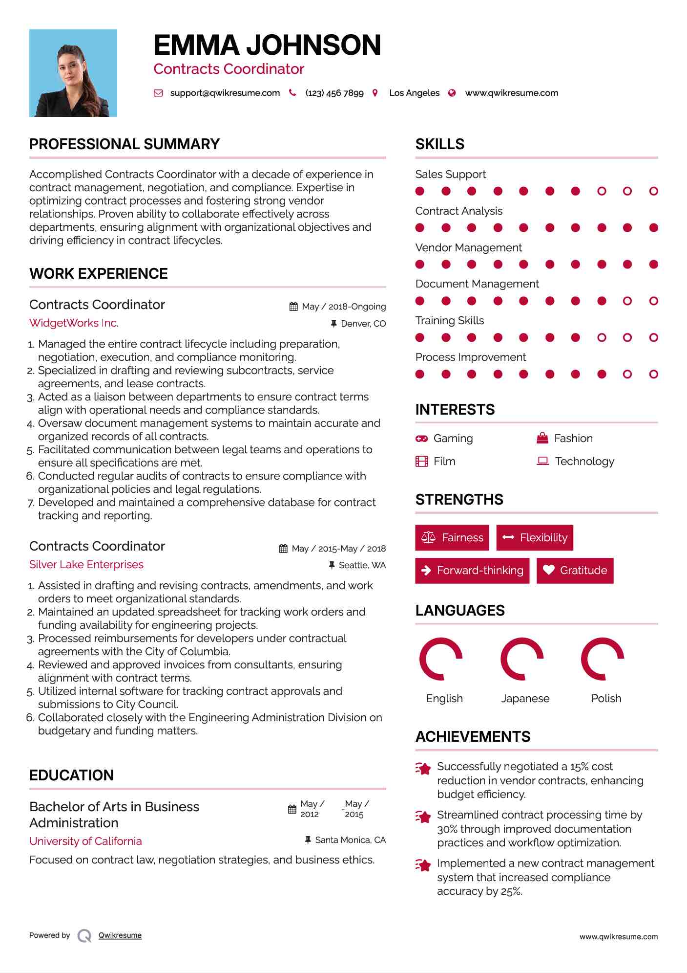 Contracts Coordinator Resume Sample