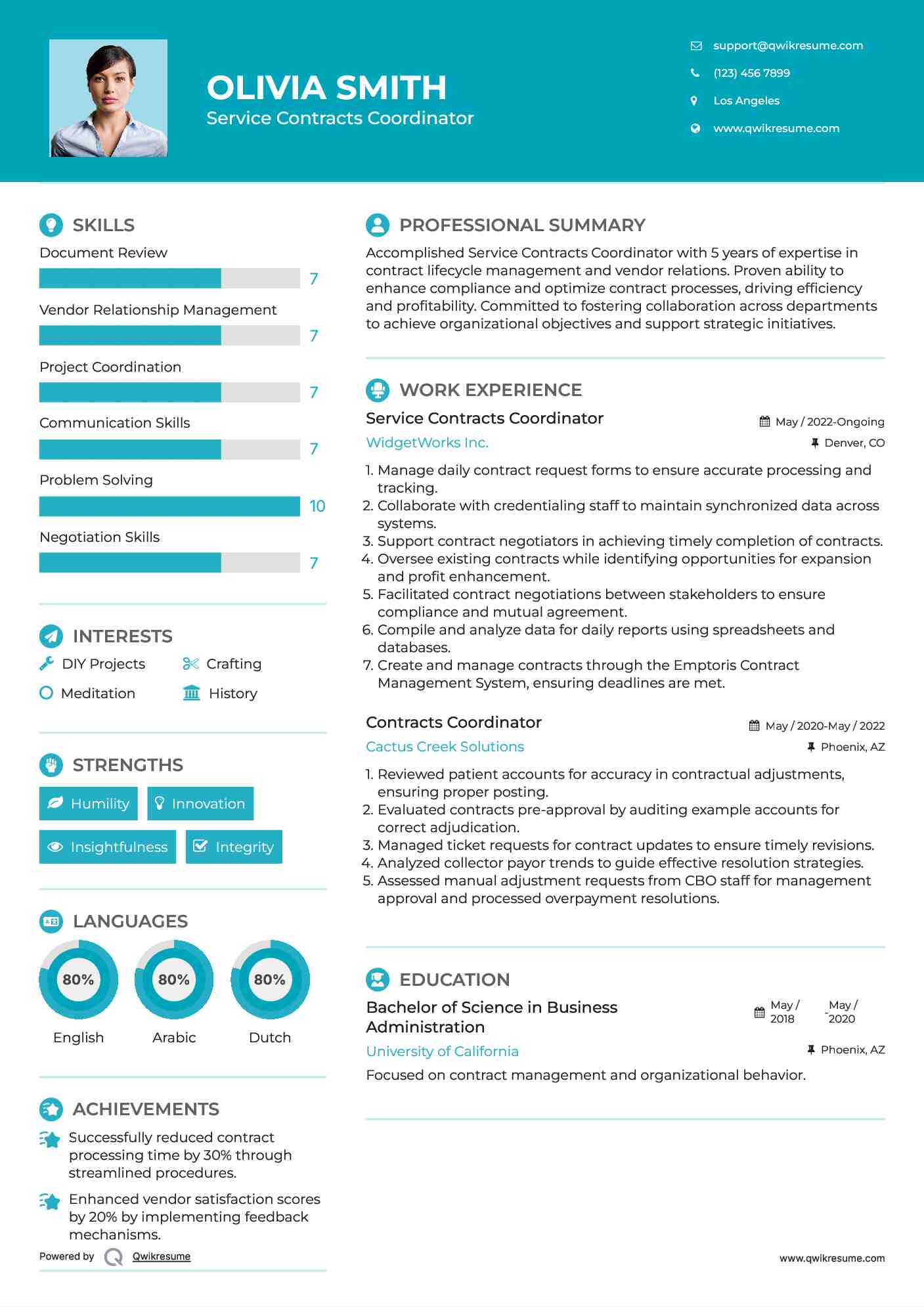Service Contracts Coordinator Resume Example