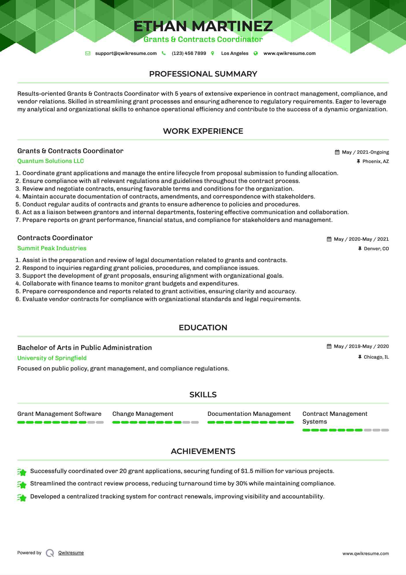 Grants & Contracts Coordinator Resume Template