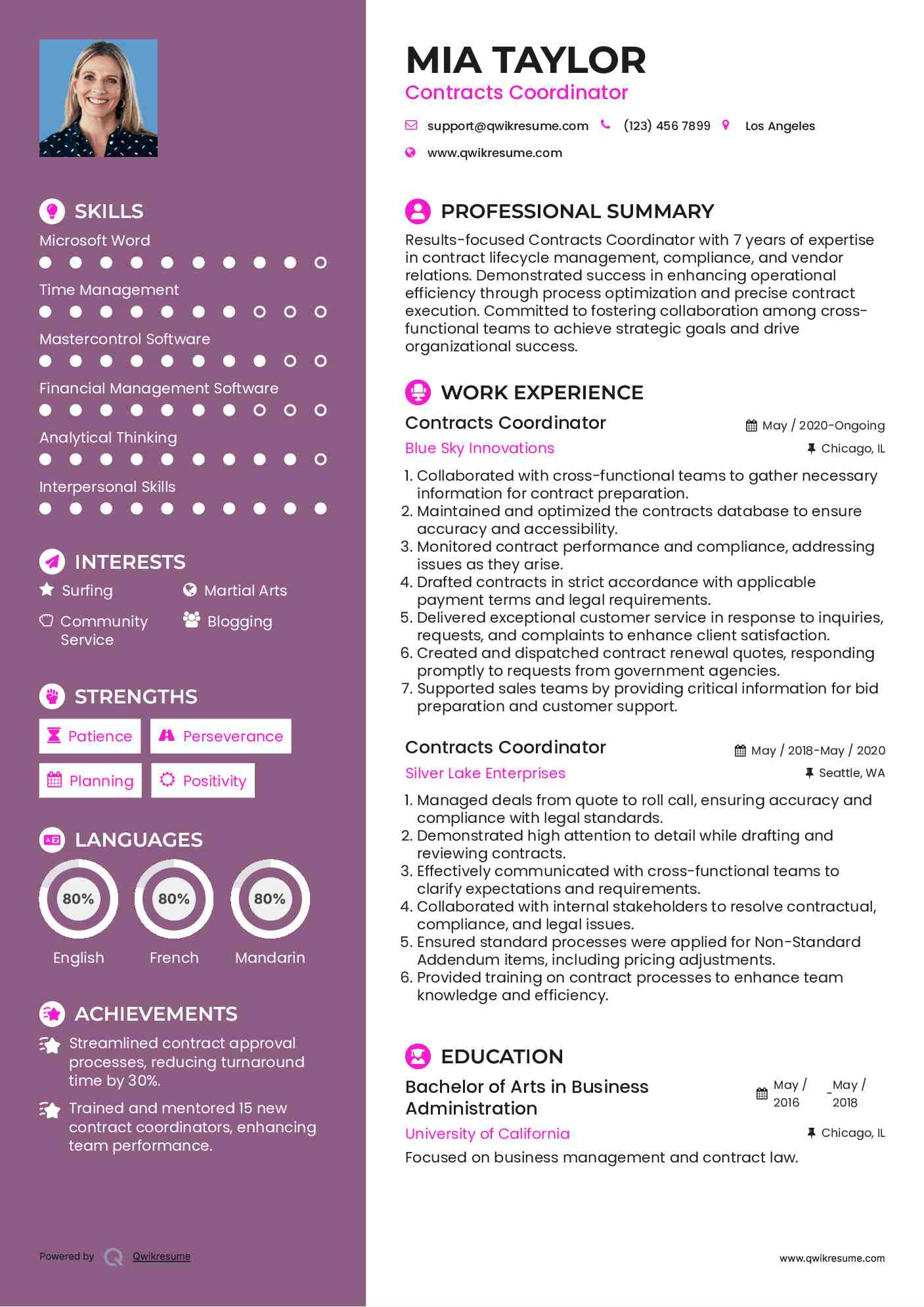 Contracts Coordinator Resume Sample