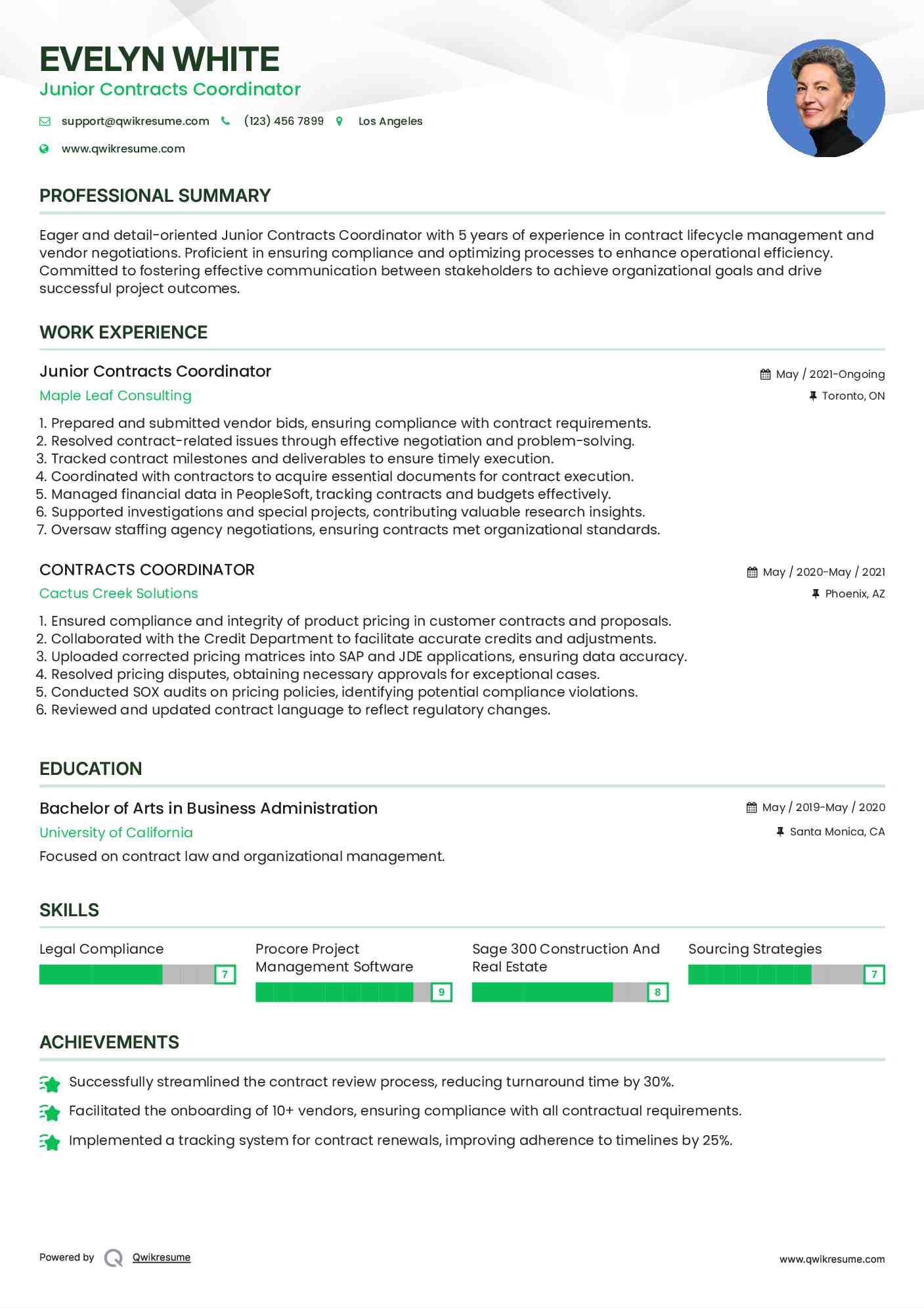 Junior Contracts Coordinator Resume Sample