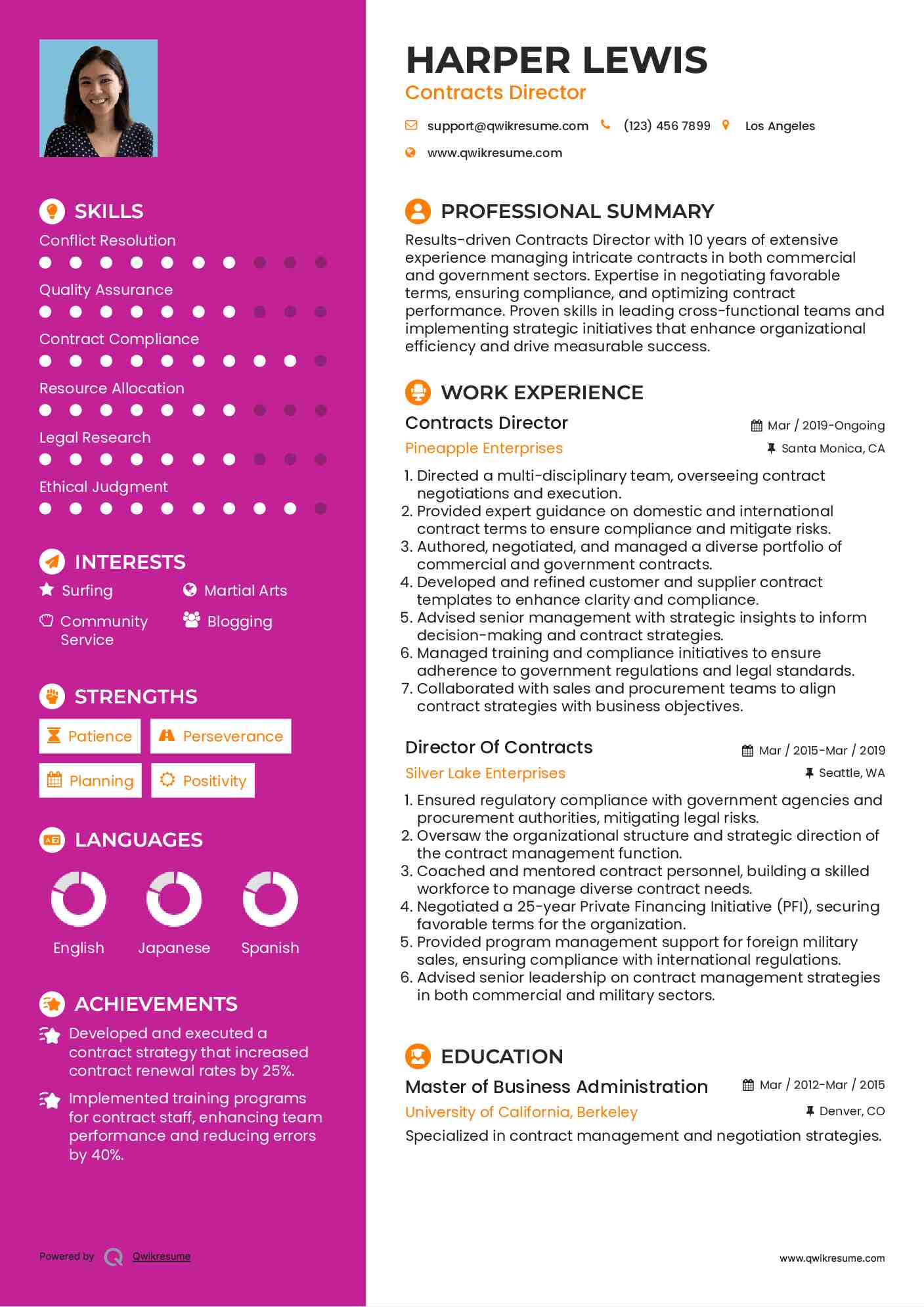 Contracts Director Resume Model