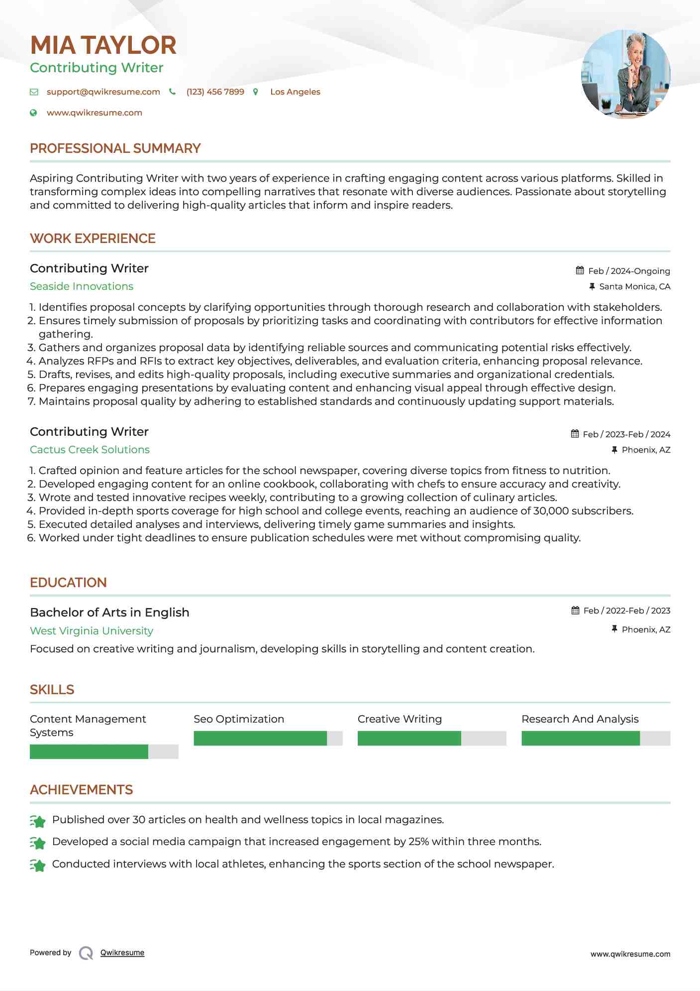 Contributing Writer Resume Format