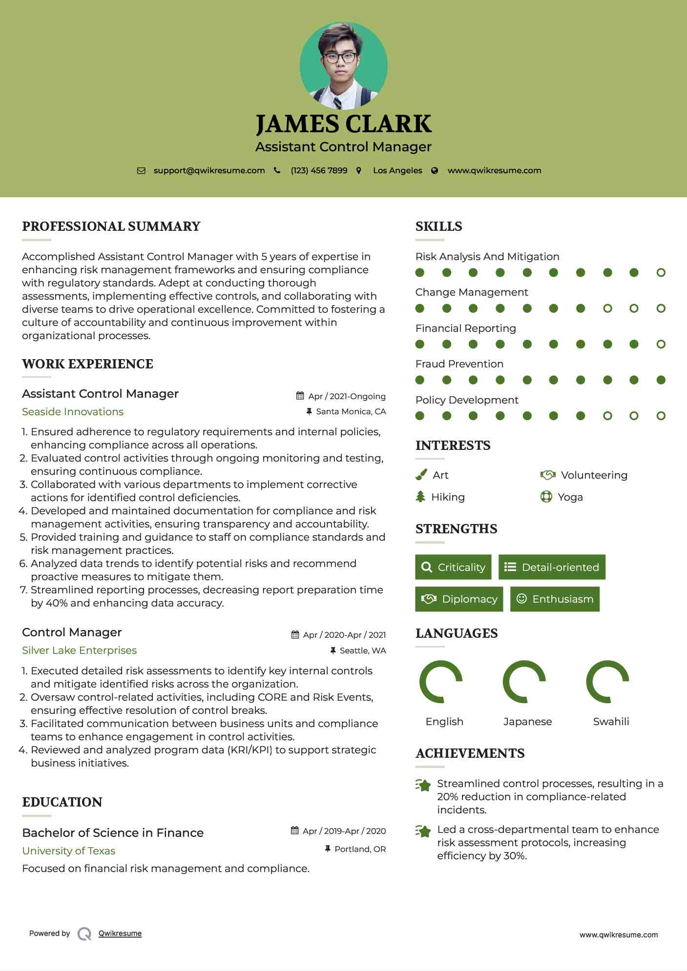 Assistant Control Manager Resume Format