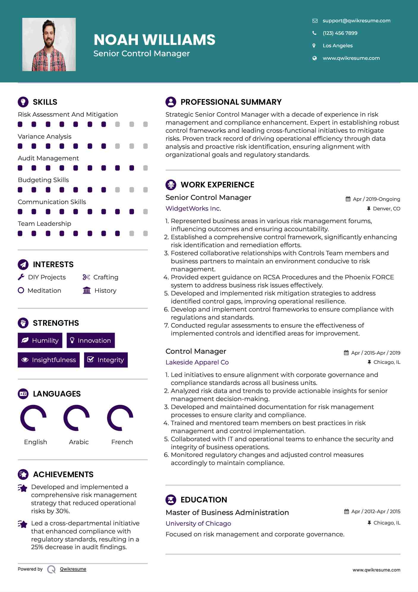 Senior Control Manager Resume Template