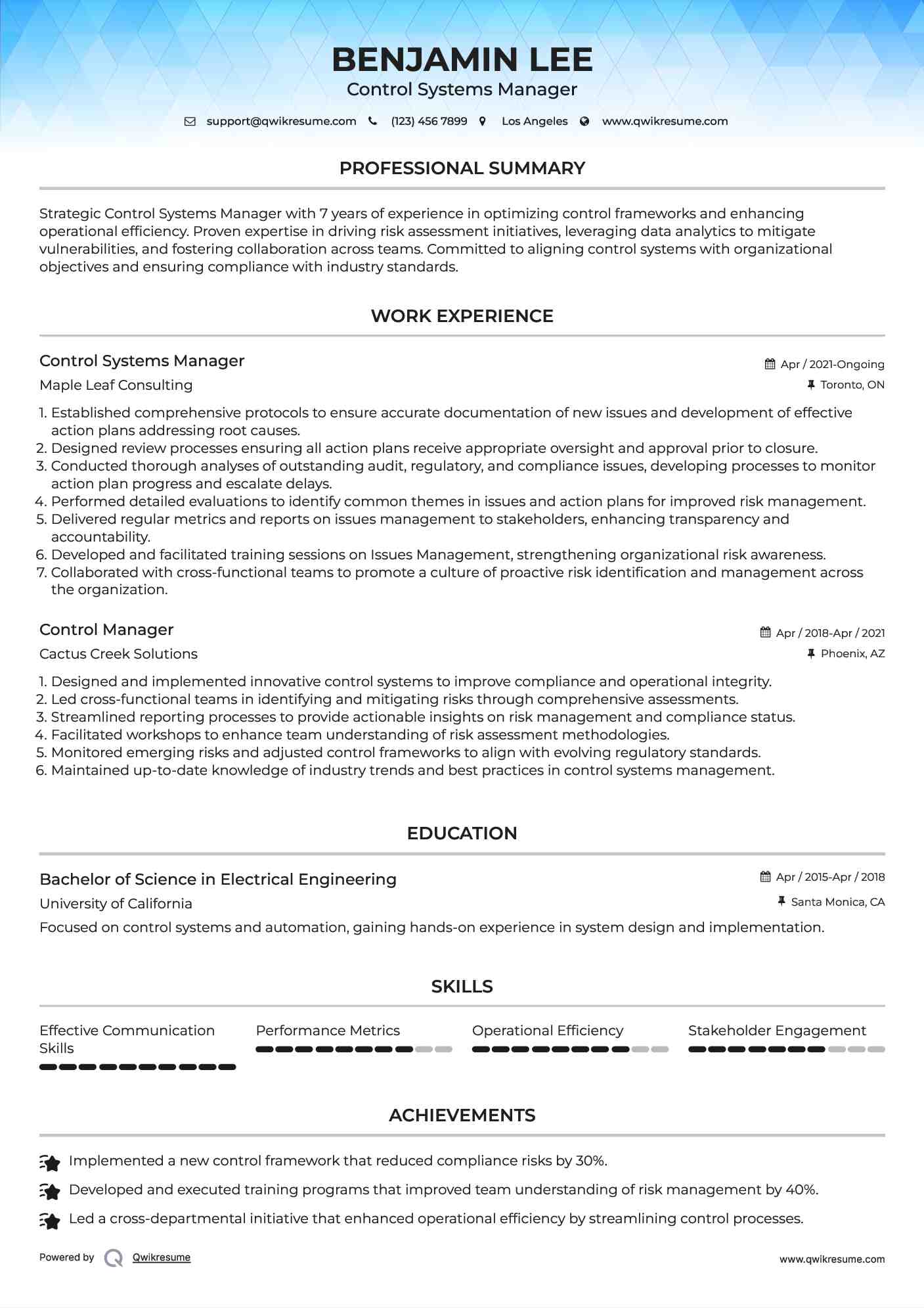 Control Systems Manager Resume Template
