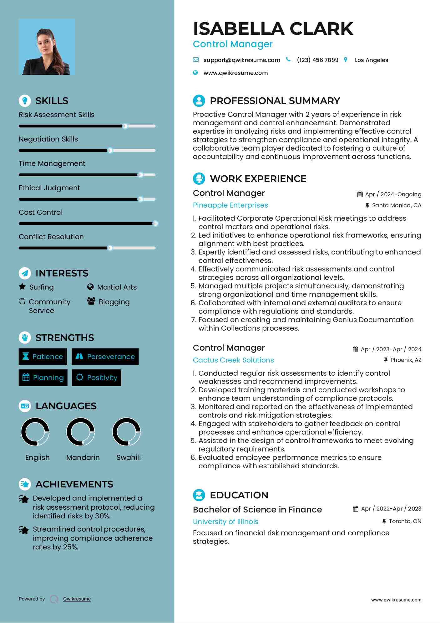 Control Manager Resume Sample