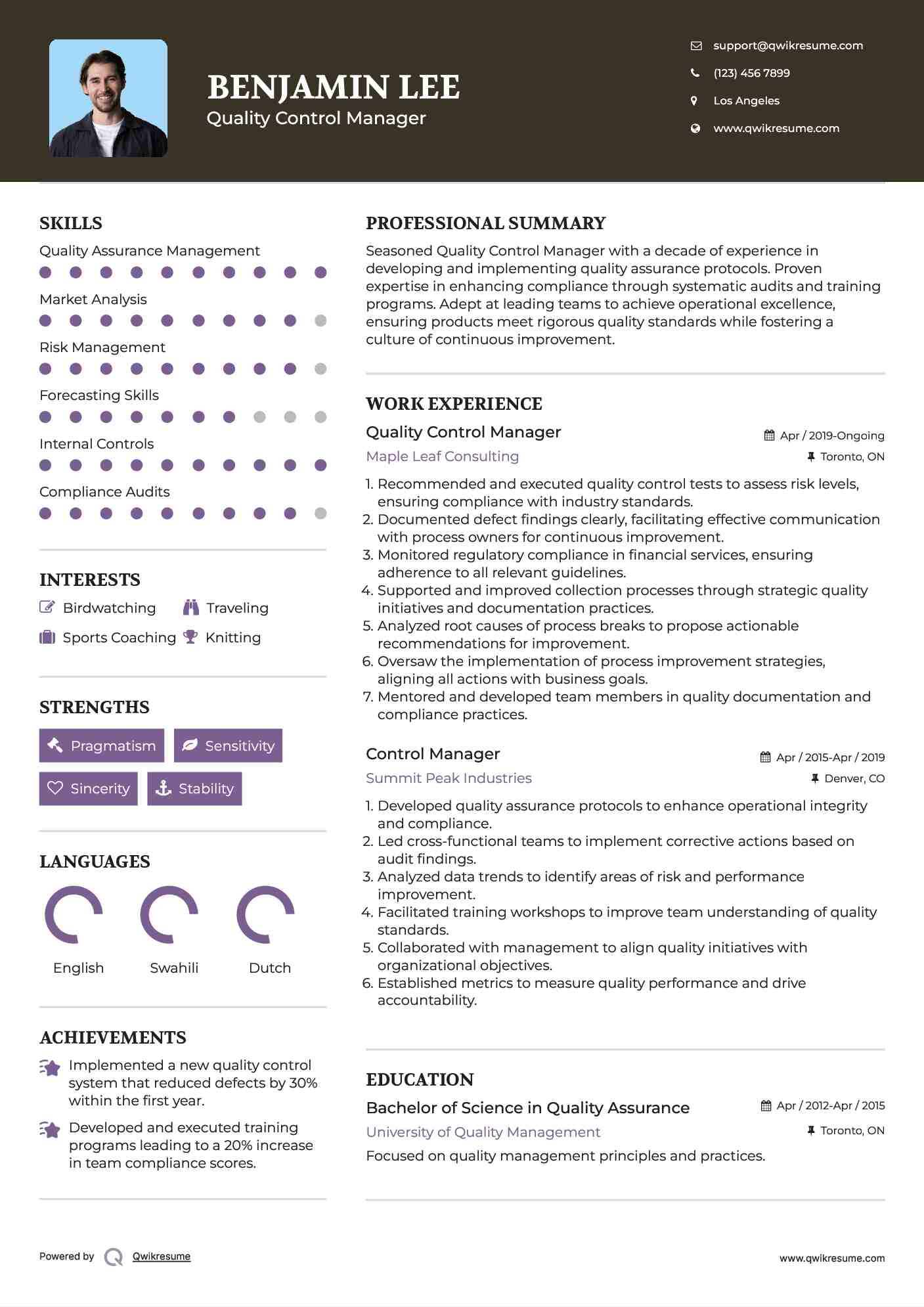 Quality Control Manager Resume Model