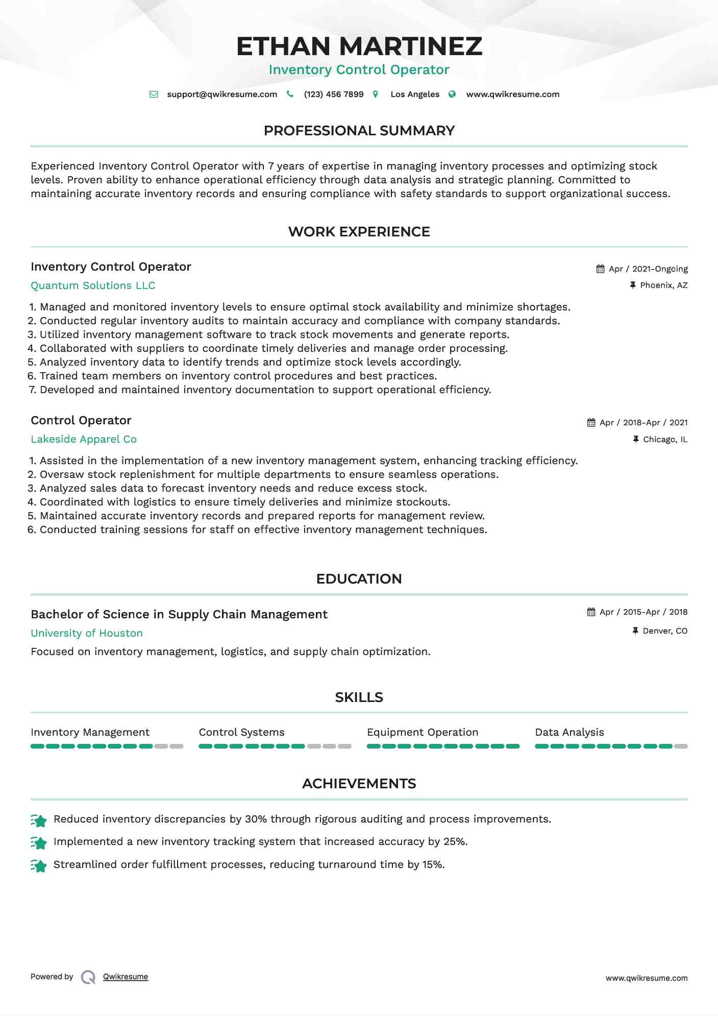Inventory Control Operator
 Resume Sample