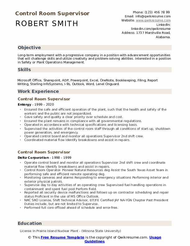 Control Room Supervisor Resume Samples QwikResume