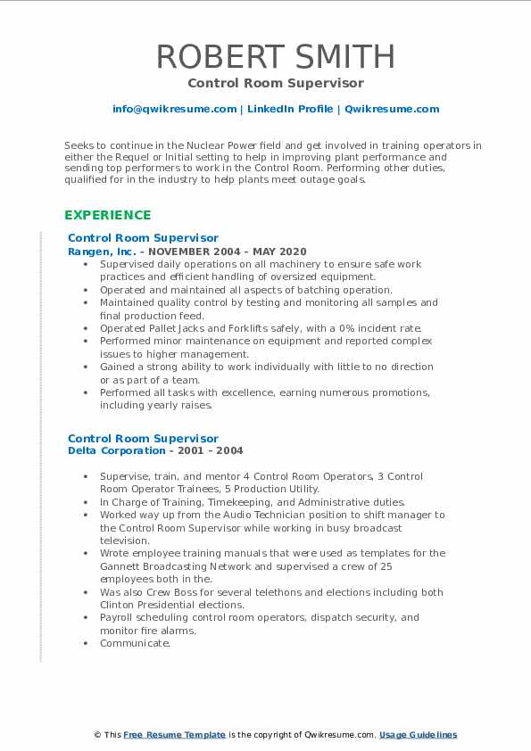 Control Room Supervisor Resume Samples QwikResume