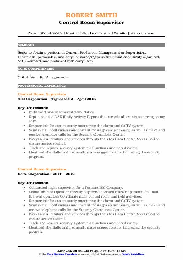 Control Room Supervisor Resume Samples QwikResume