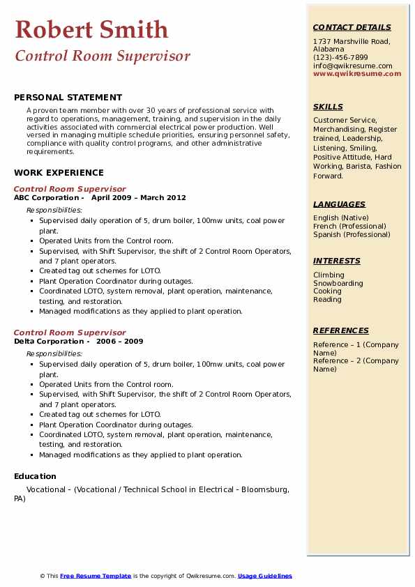 Control Room Supervisor Resume Samples QwikResume