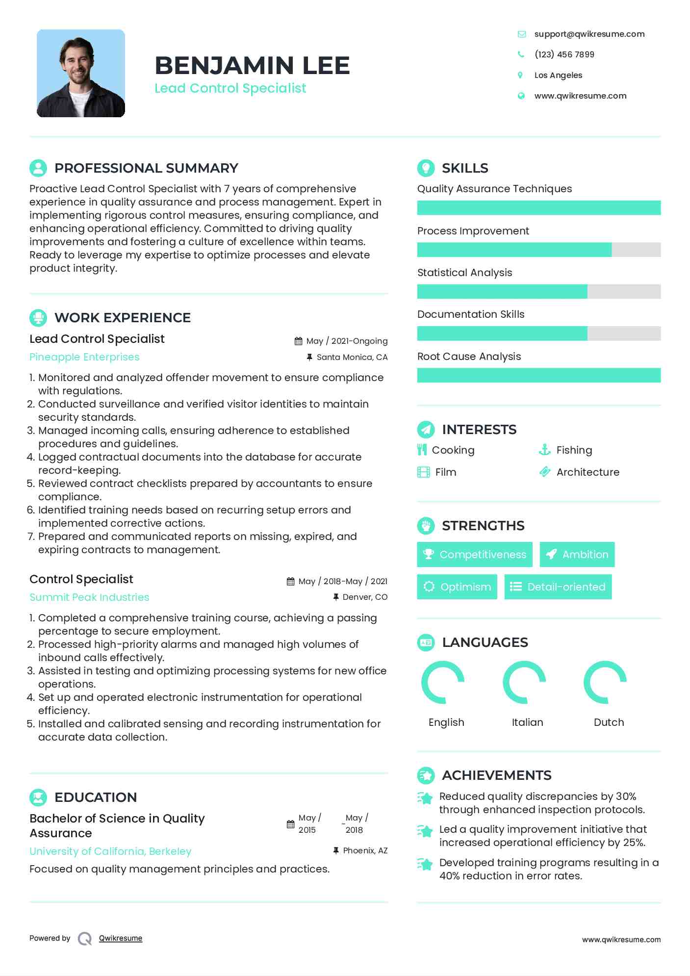 Lead Control Specialist Resume Template