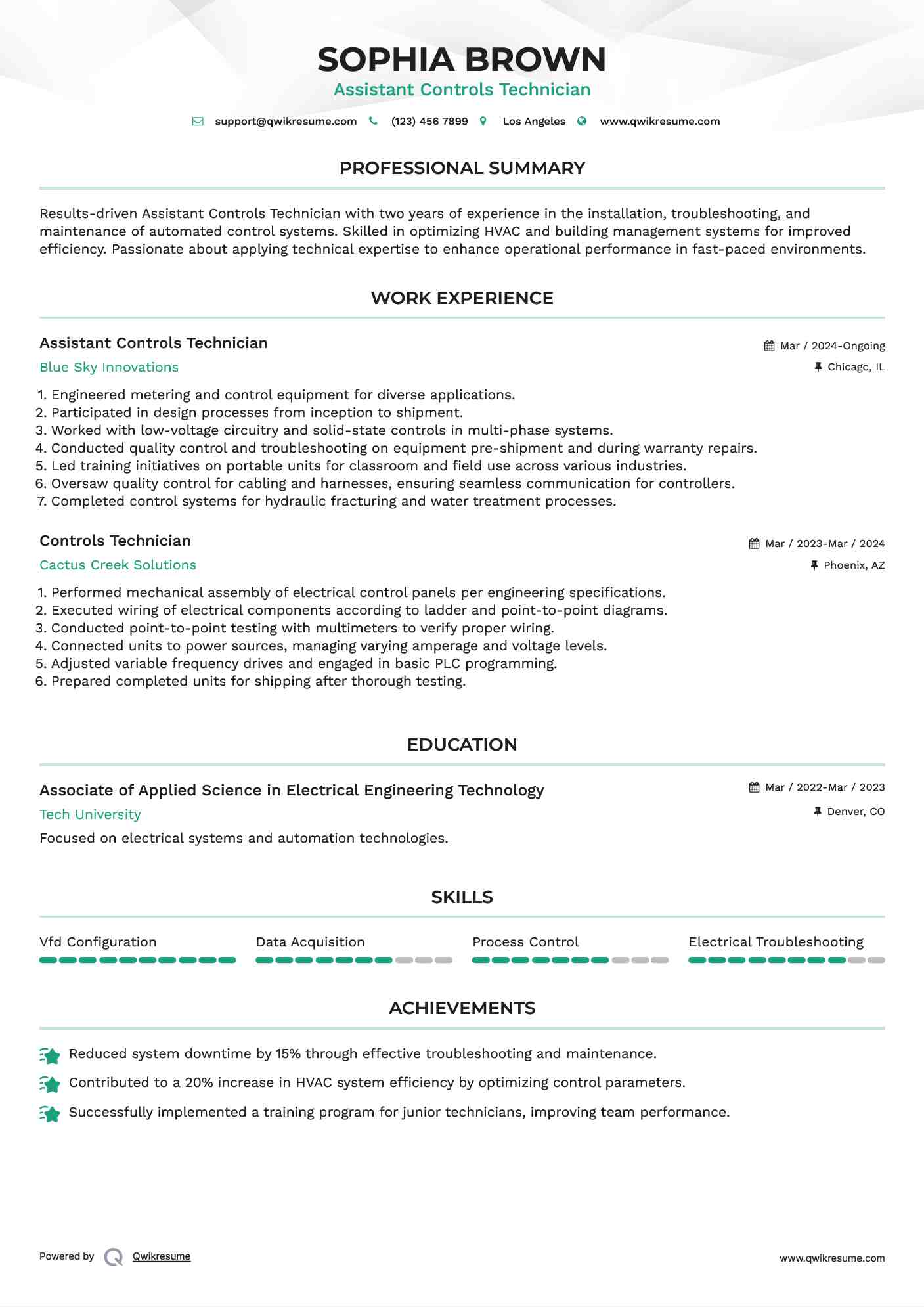 Assistant Controls Technician Resume Example