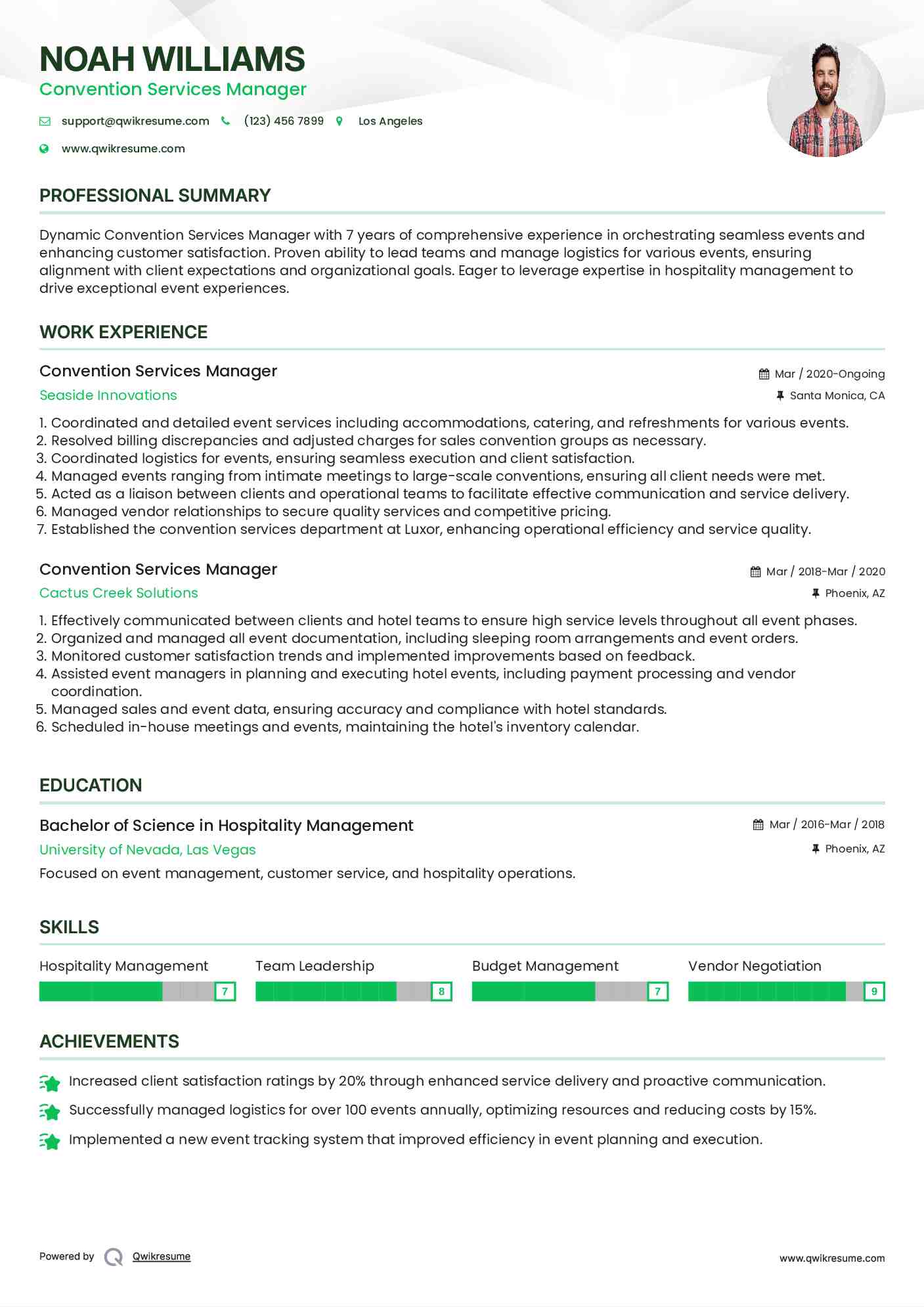 Convention Services Manager Resume Model