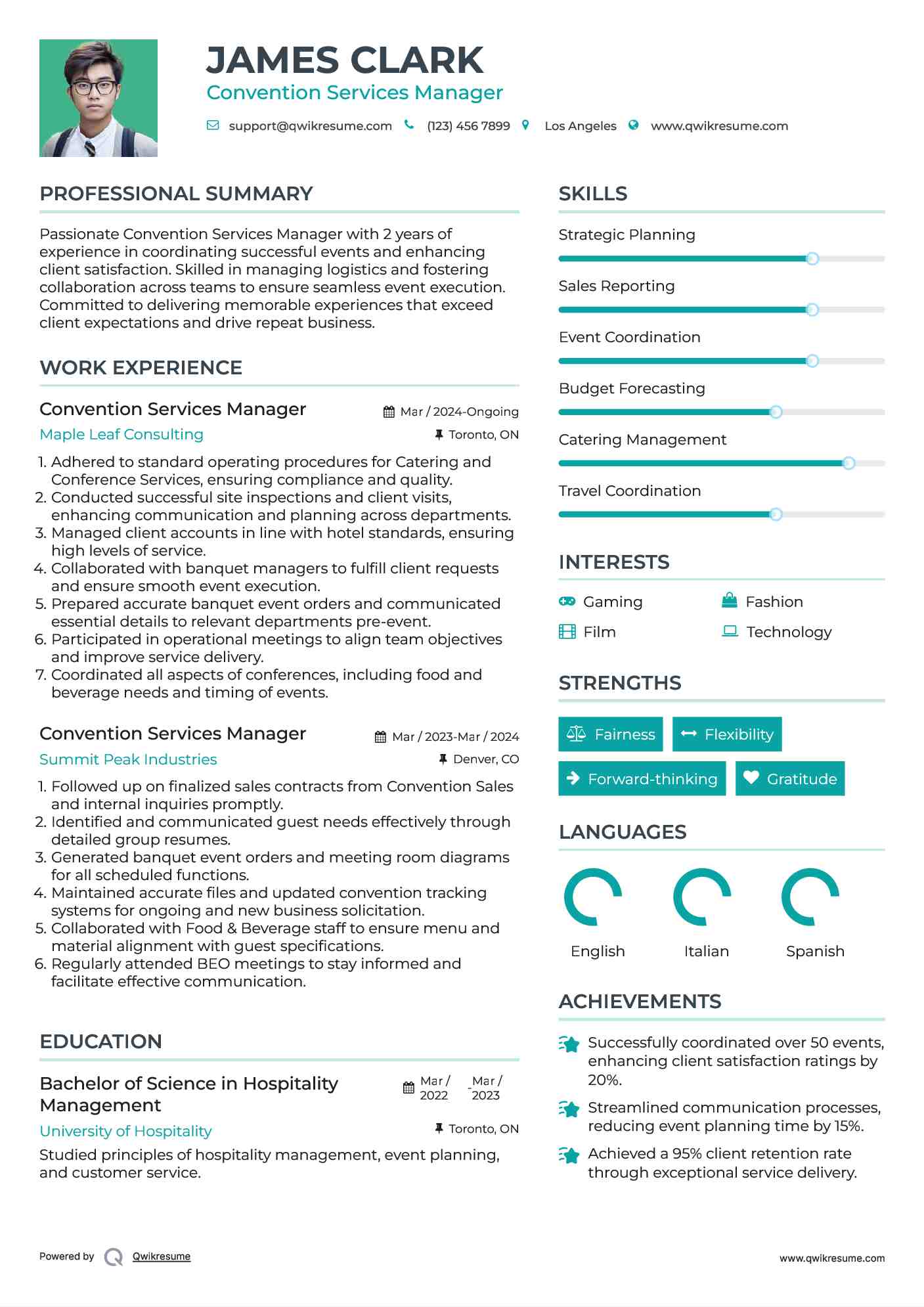 Convention Services Manager Resume Model
