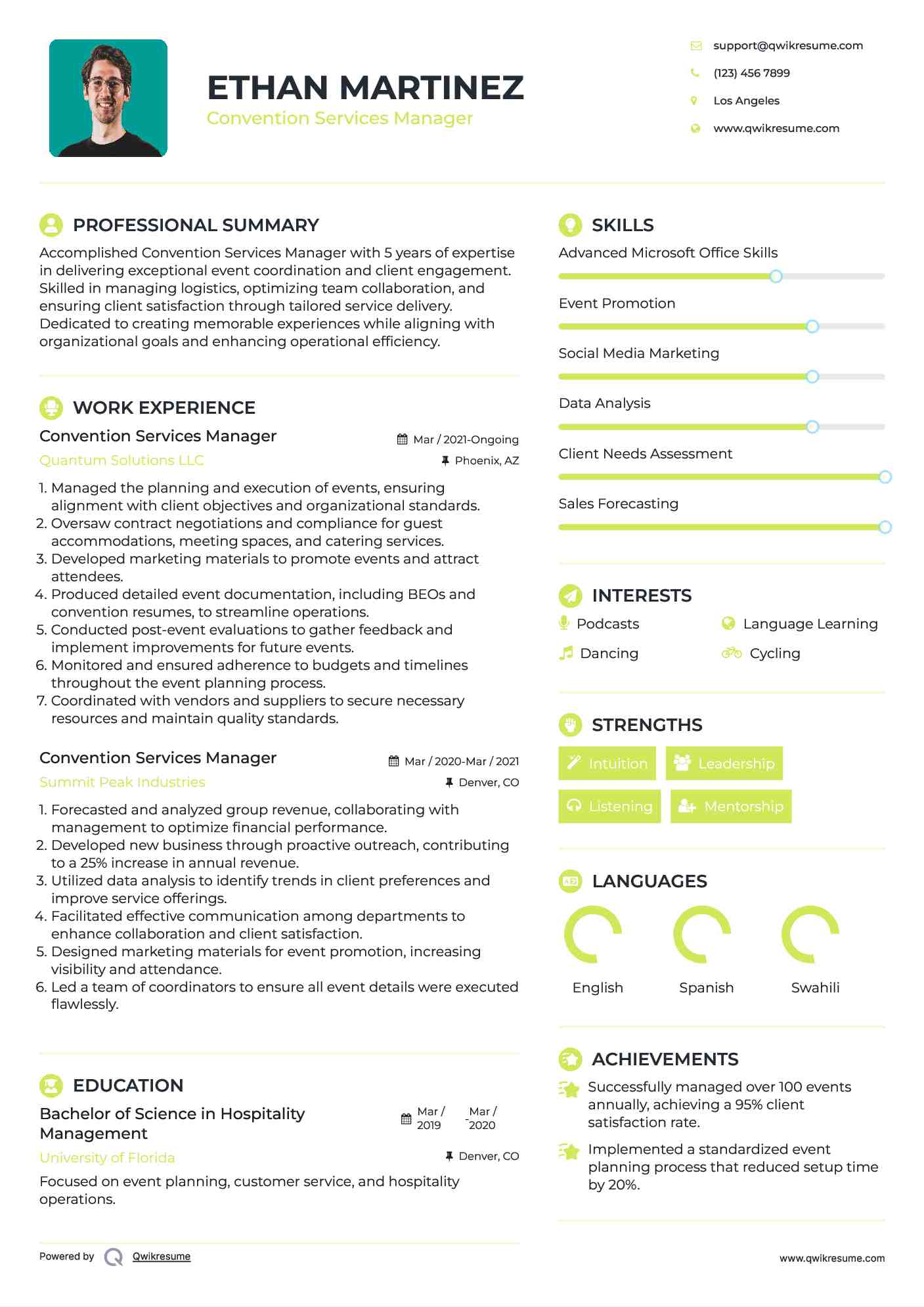 Convention Services Manager Resume Template