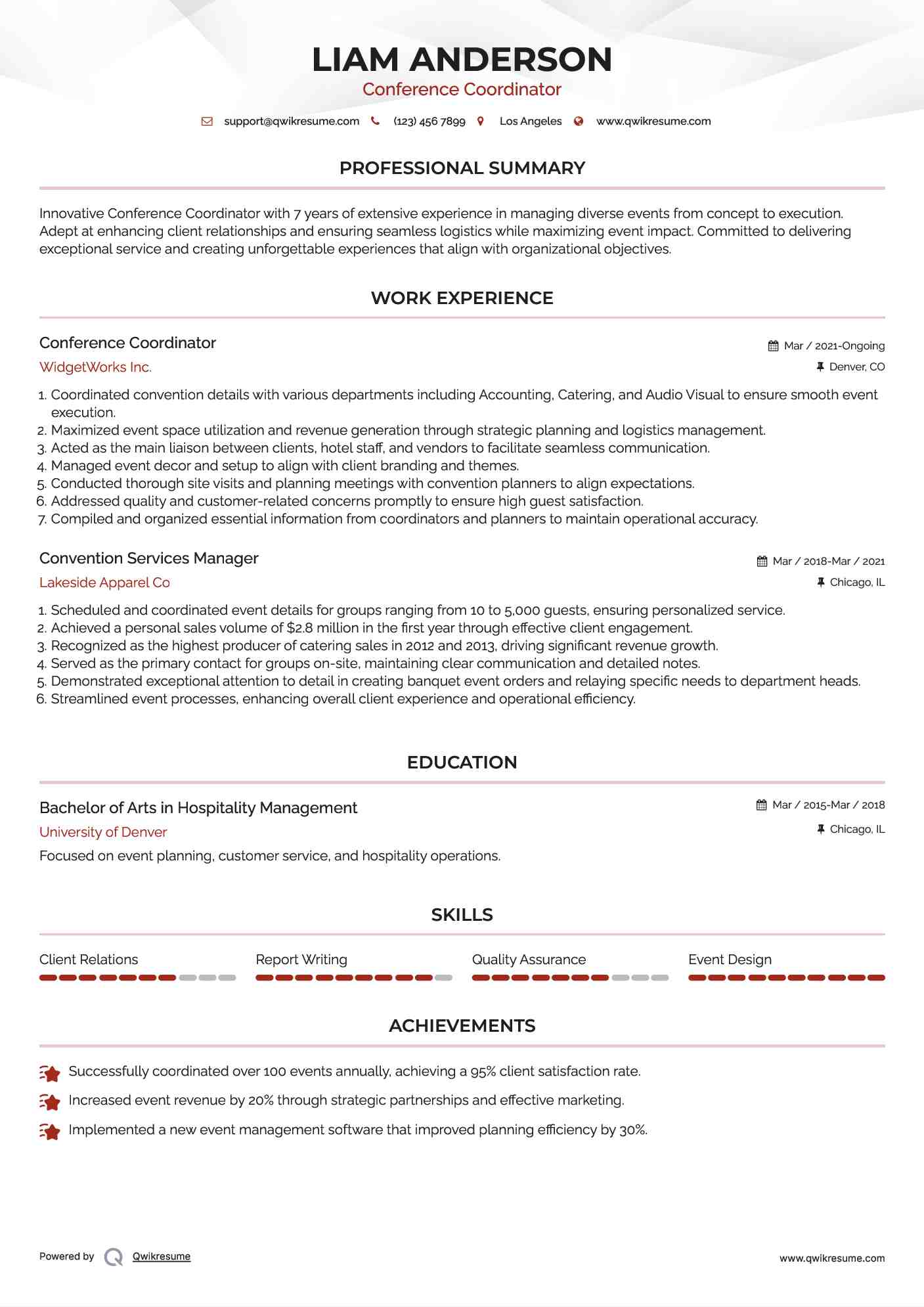 Convention Services Manager Resume Samples QwikResume