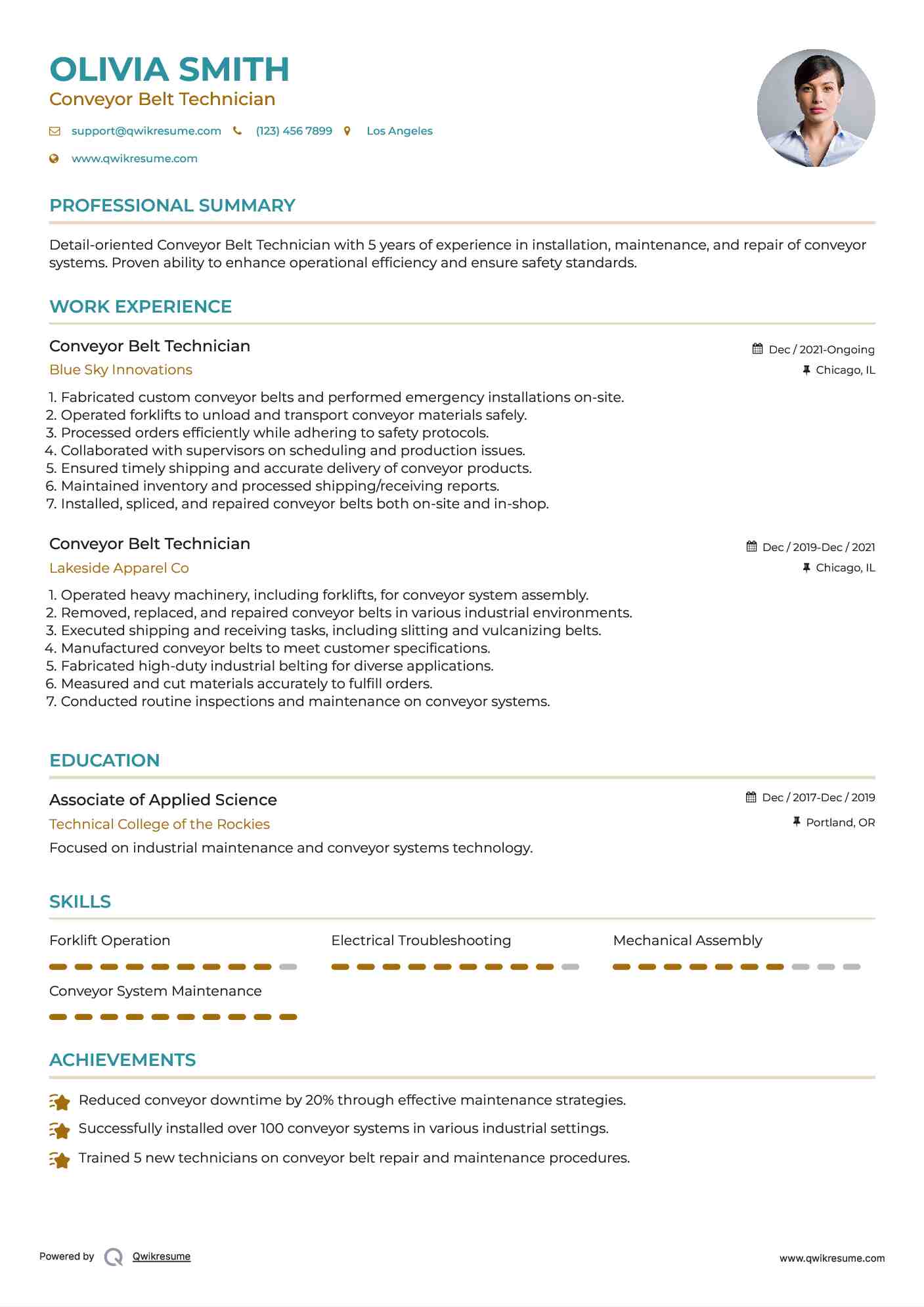Conveyor Belt Technician Resume Sample