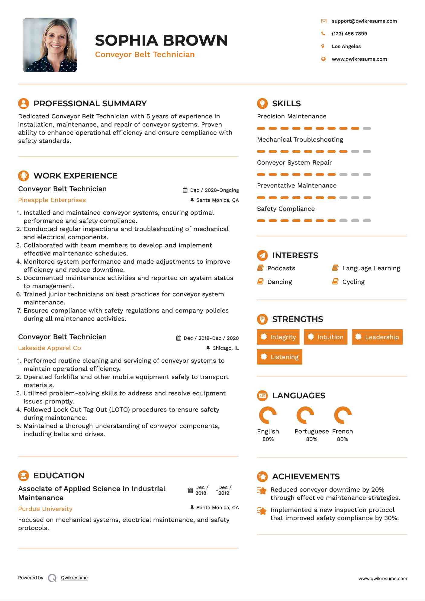 Conveyor Belt Technician Resume Samples QwikResume