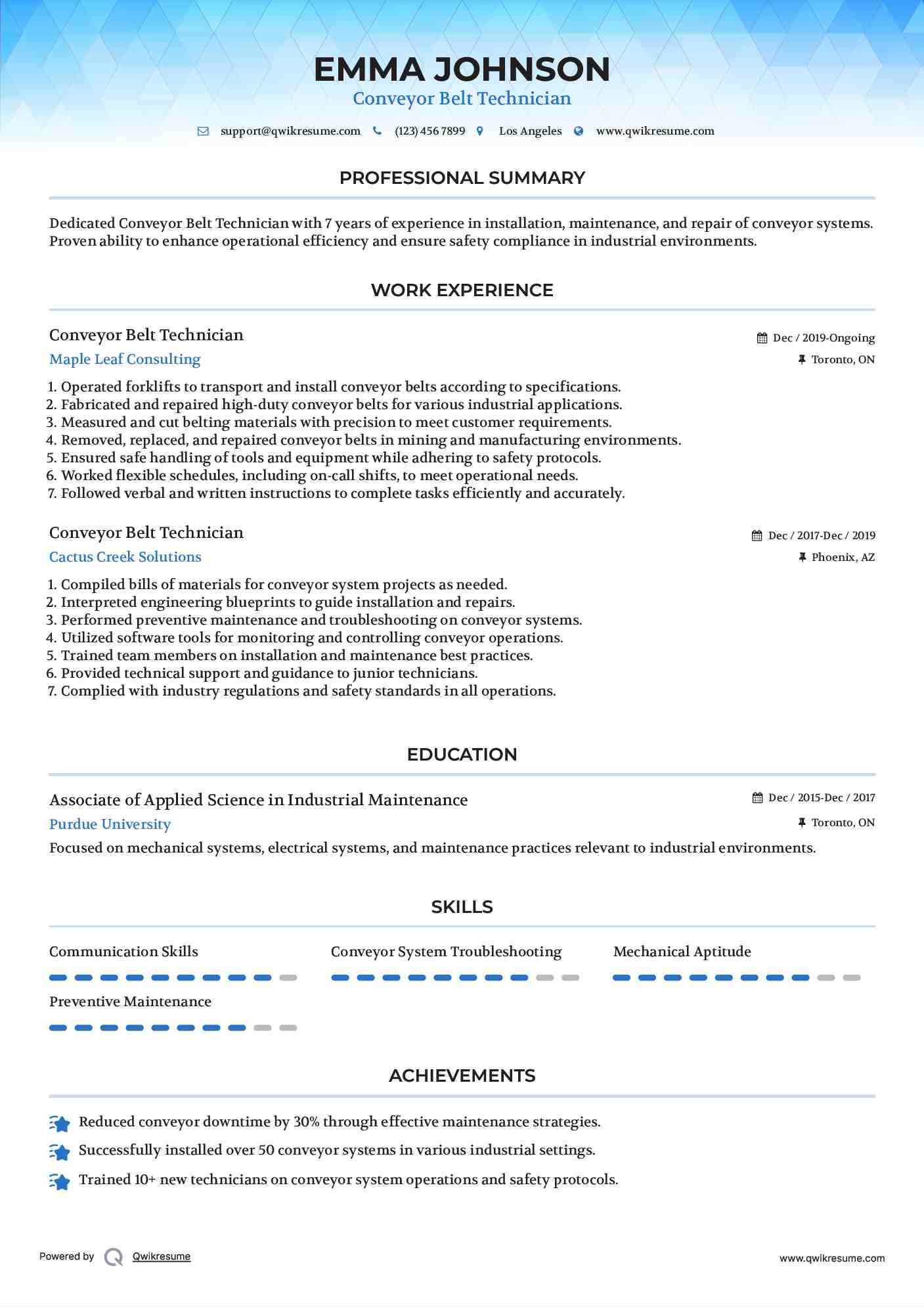Conveyor Belt Technician Resume Format
