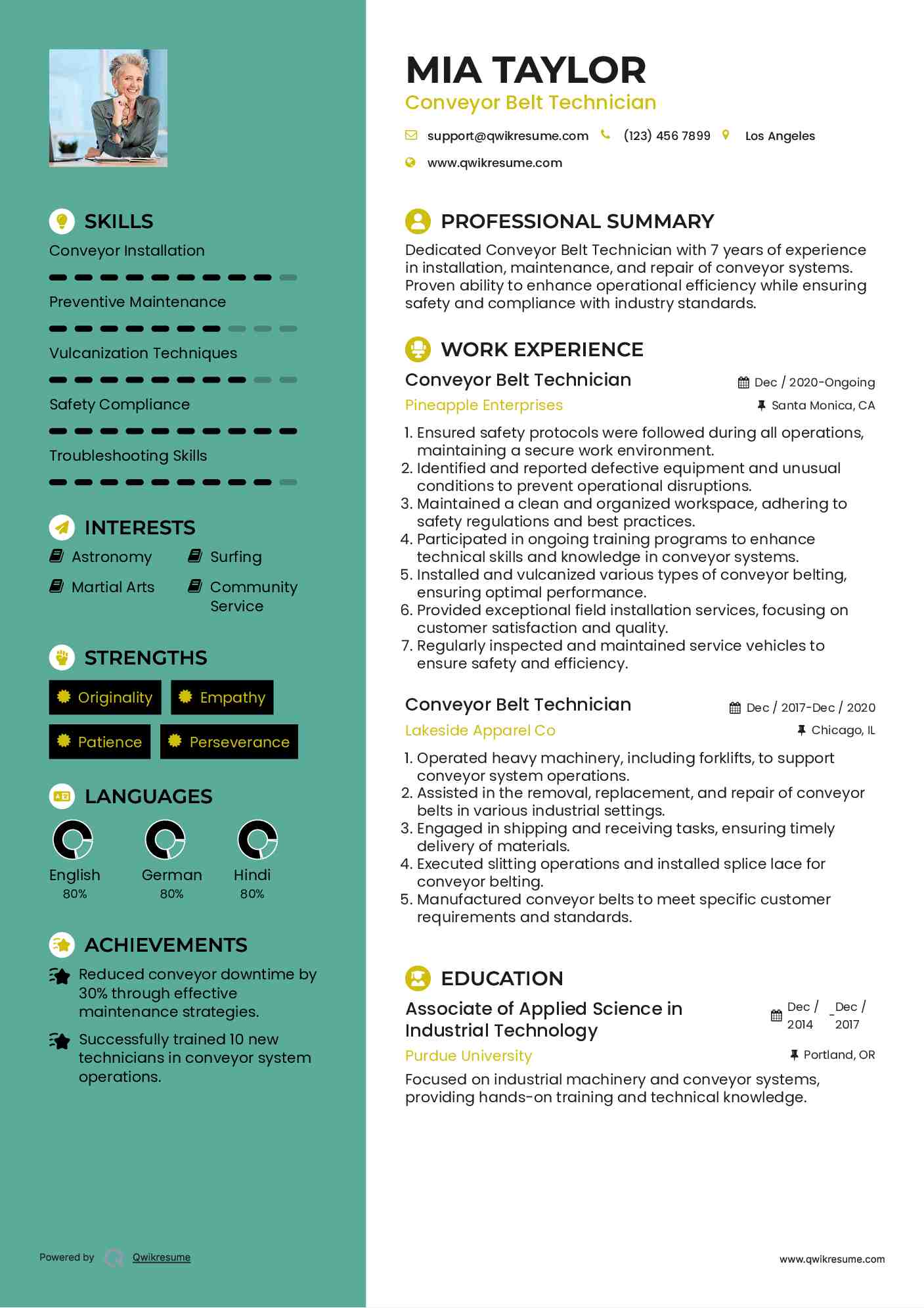 Conveyor Belt Technician Resume Format