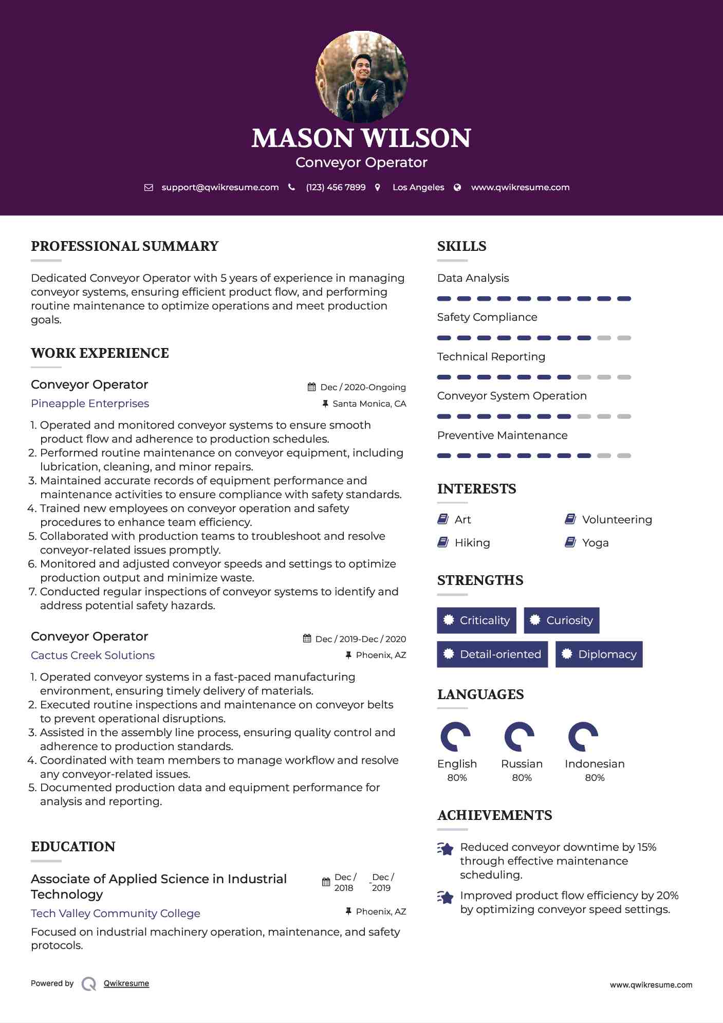 Conveyor Operator Resume Model