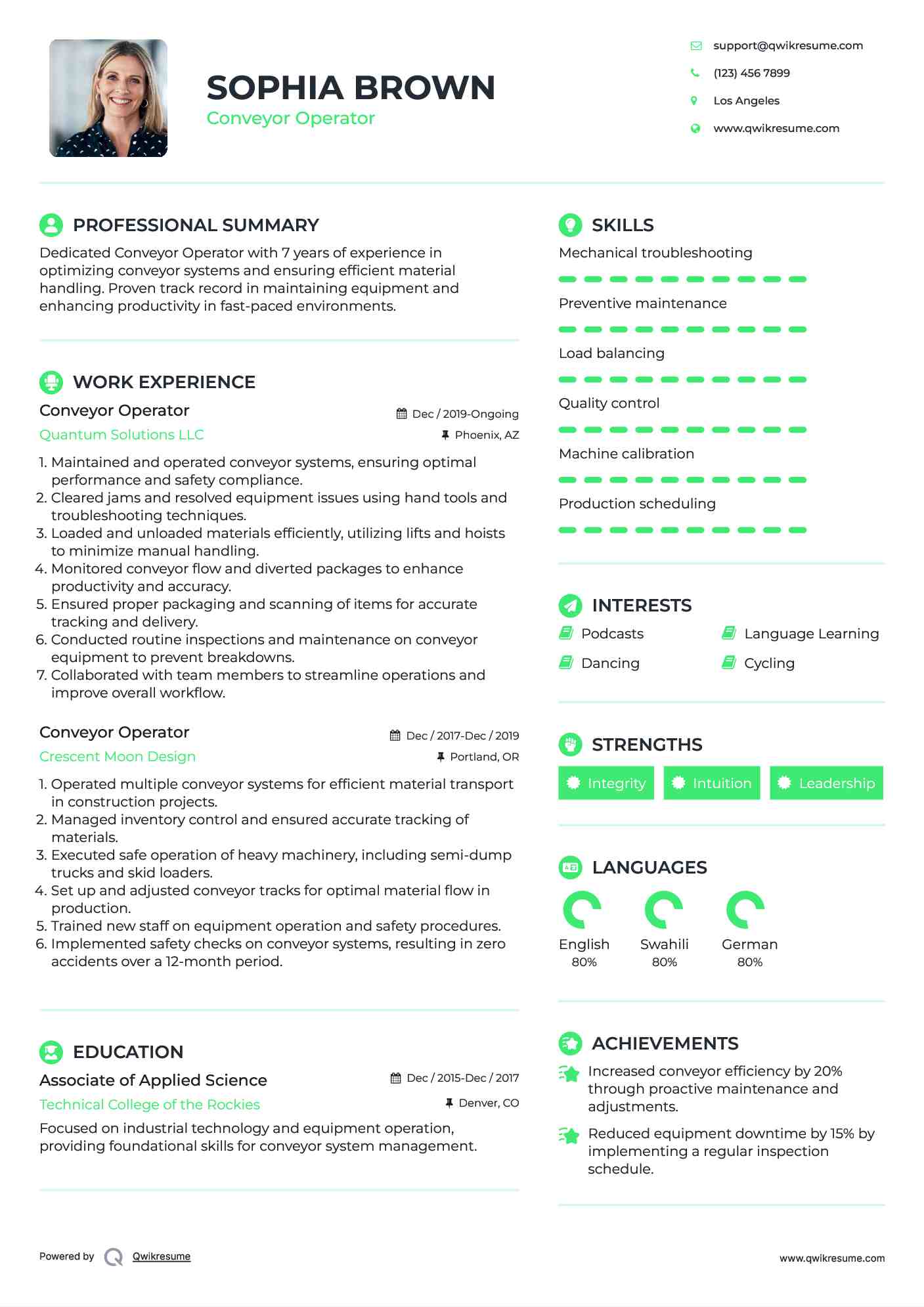 Conveyor Operator Resume Format