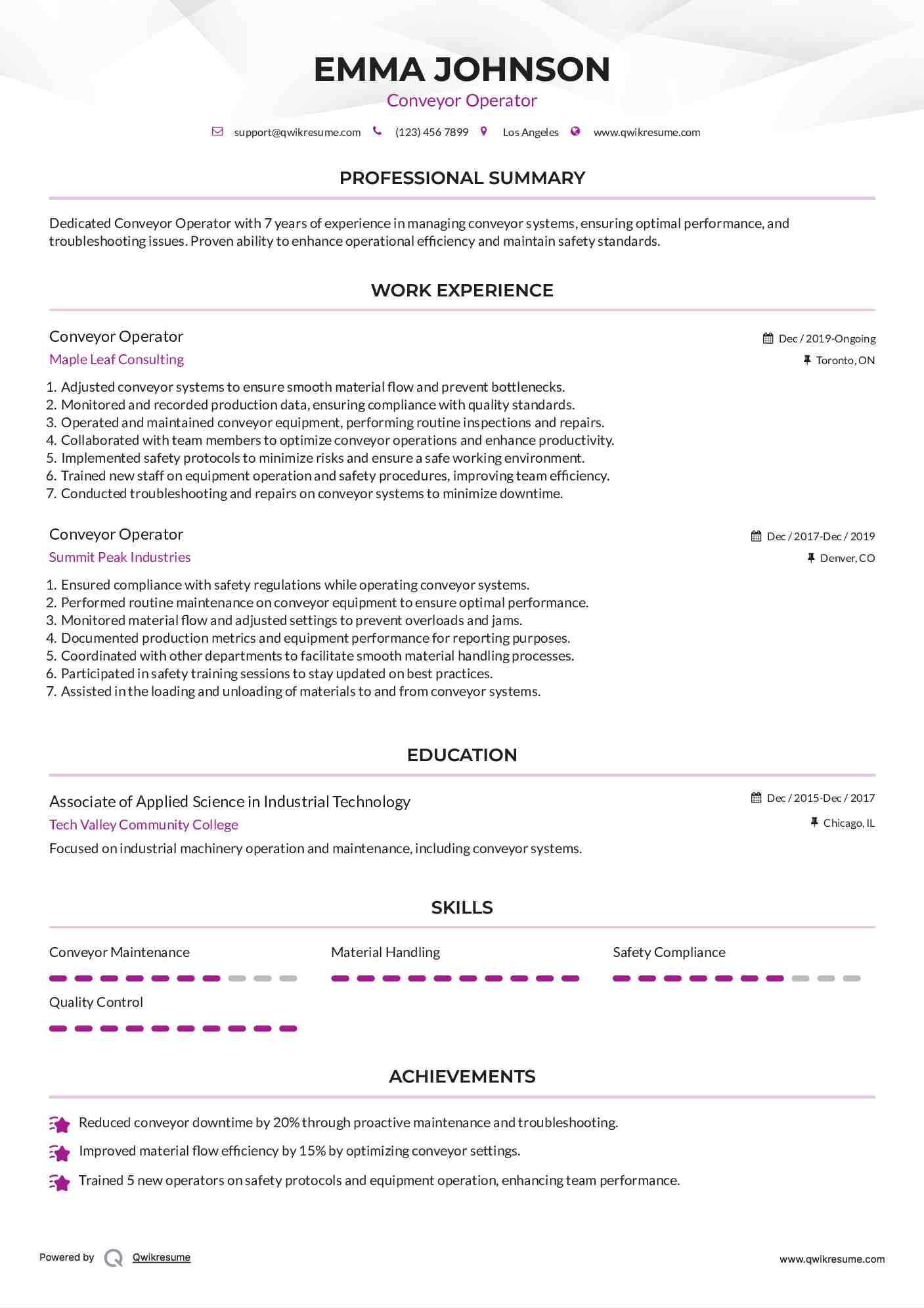 Conveyor Operator Resume Samples QwikResume