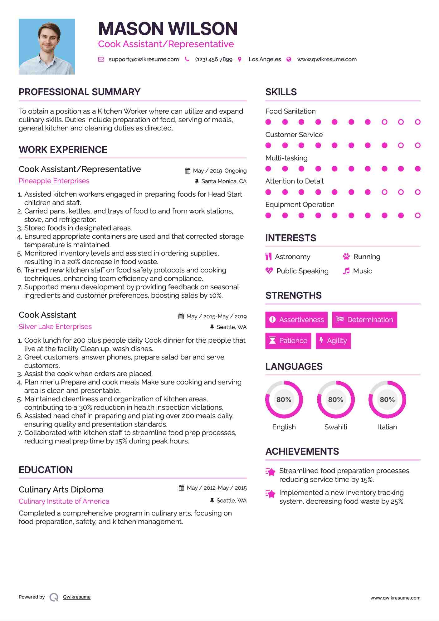 Cook Assistant/Representative Resume Sample