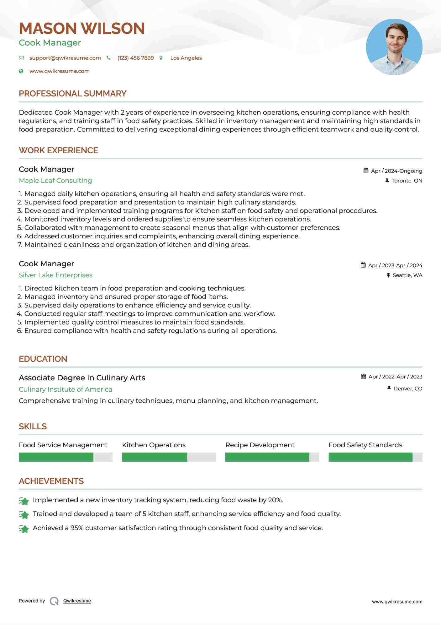 Cook Manager Resume Model