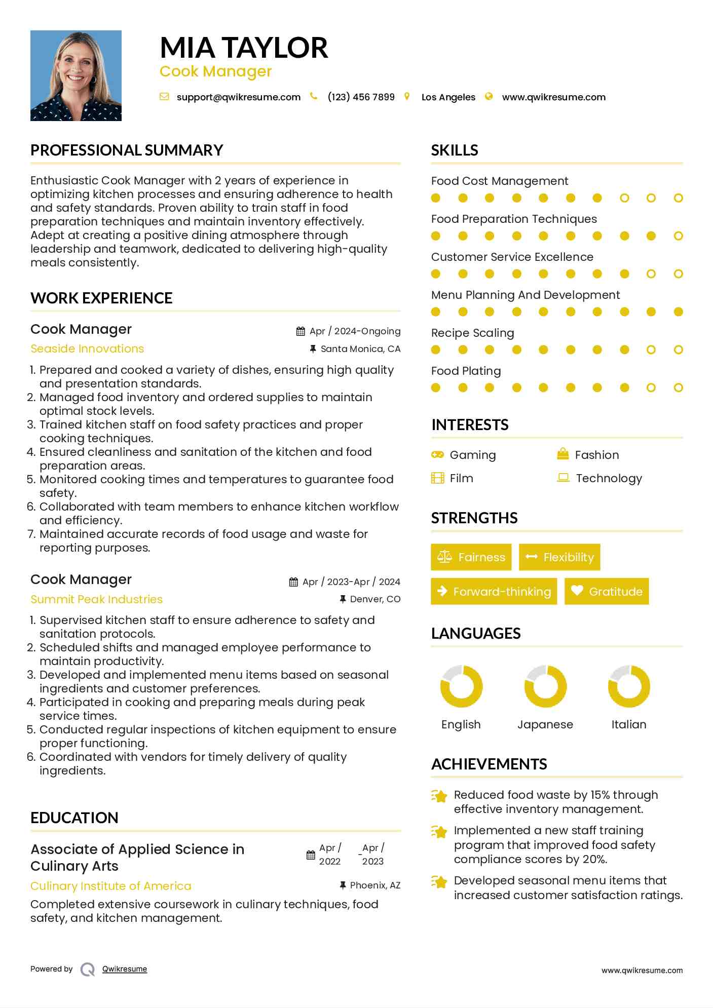 Cook Manager Resume Model