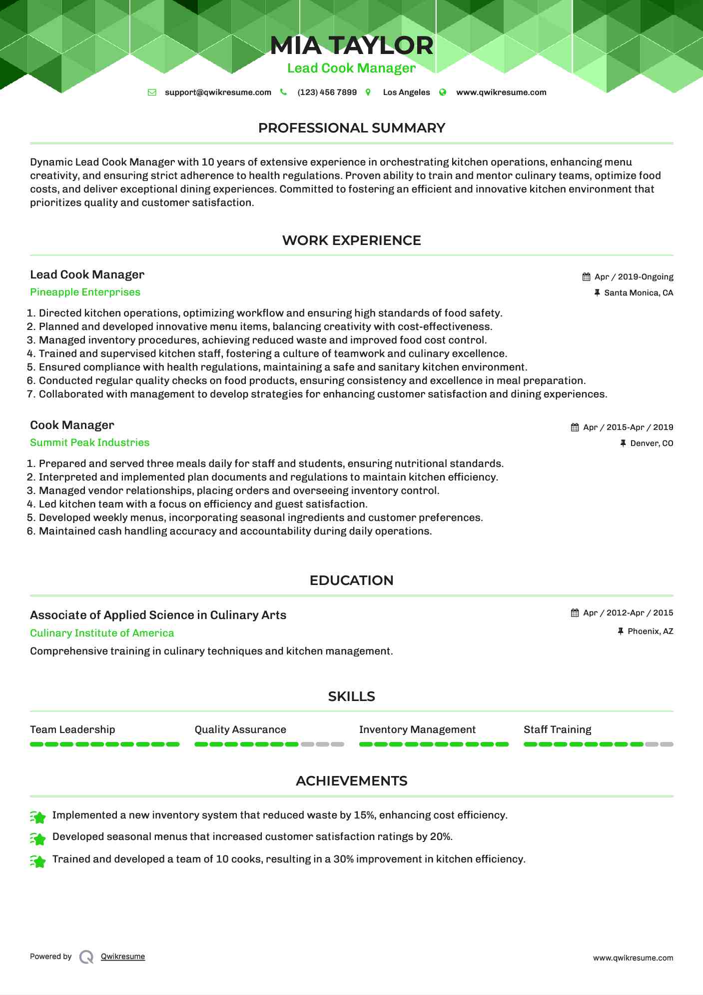 Lead Cook Manager Resume Sample